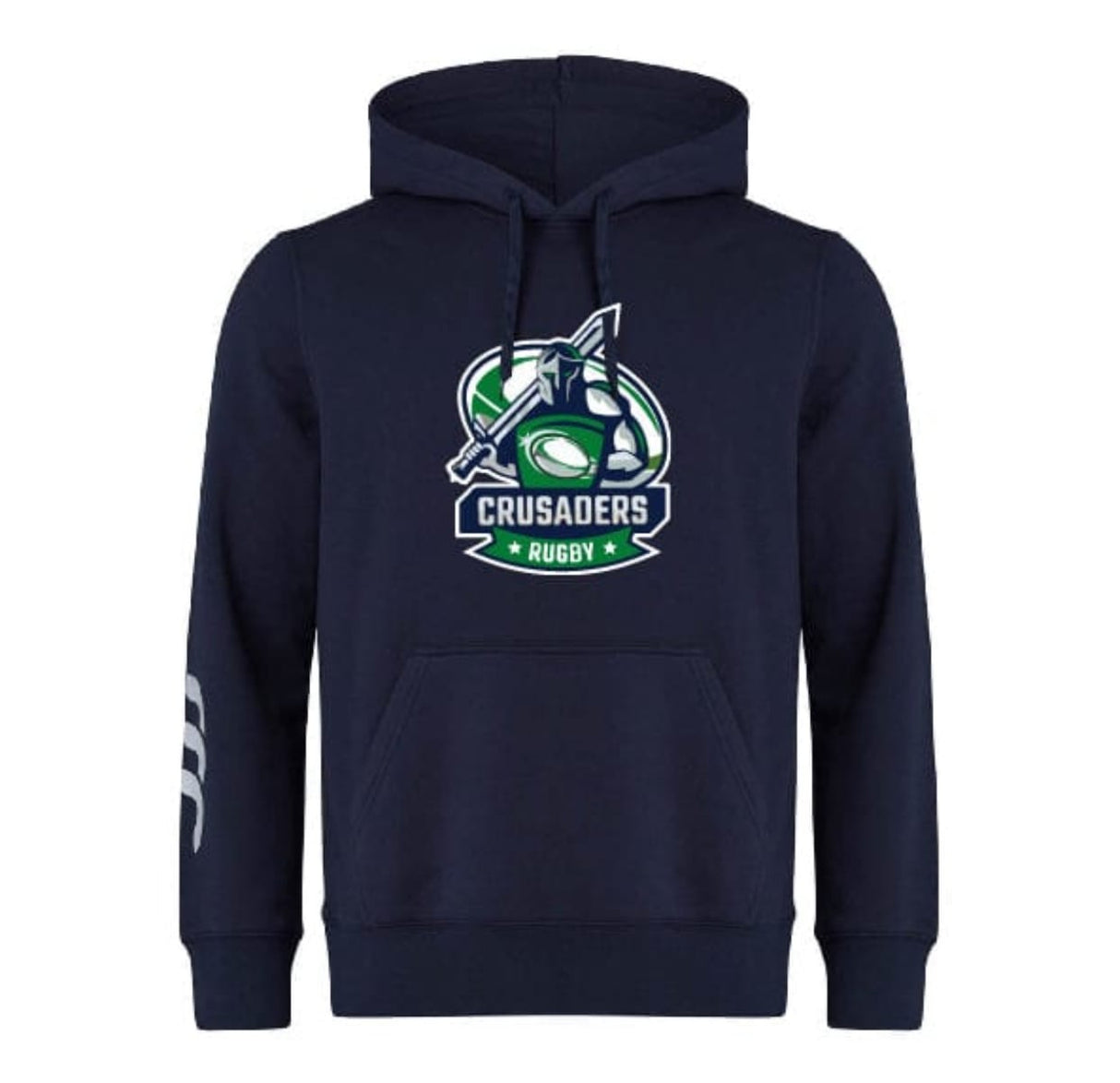 The WRS Canterbury Naperville Crusaders Frosh Soph Champions Club Hoodie features the team logo on the front, three white stripes on the left sleeve, and is custom made for devoted fans. Navy blue color by Canterbury.