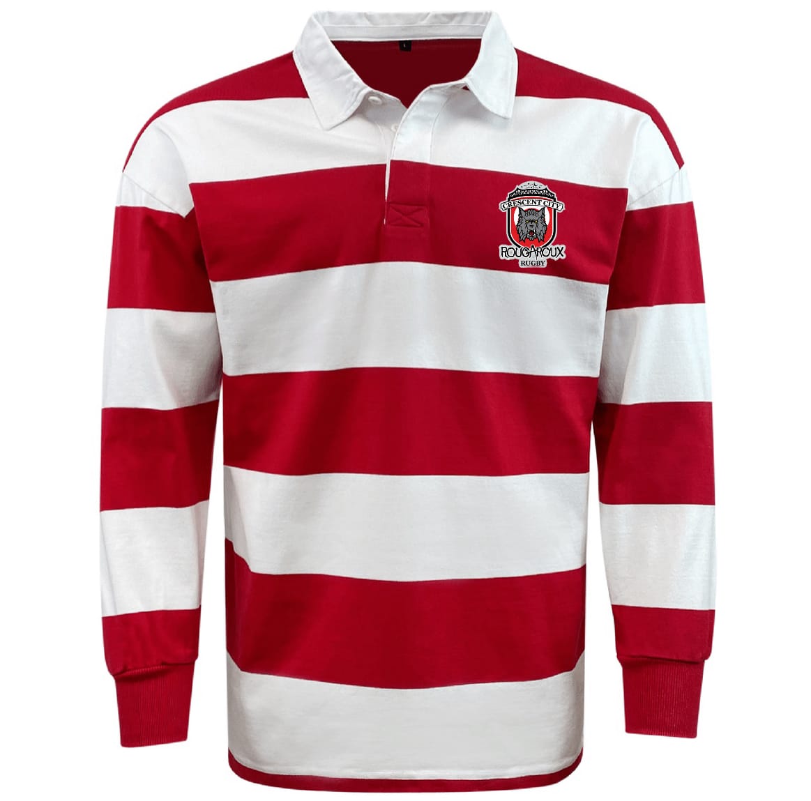 The EMB Mudoo Crescent City Rougaroux Hooped Rugger - Red features bold red and white stripes, a white collar, an embroidered chest logo, and a relaxed fit for comfortable, classic style.