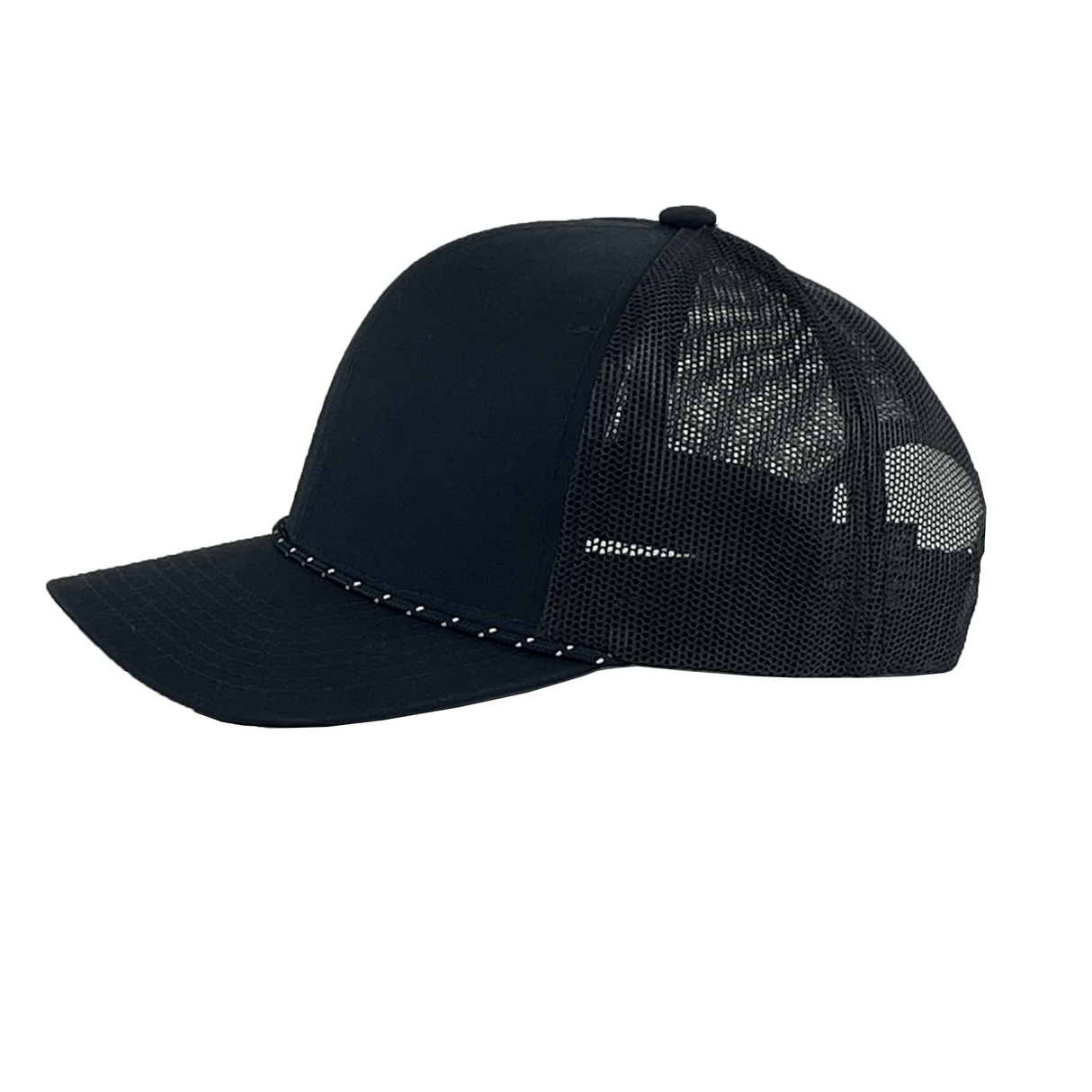 The Trucker Snapback Braid Cap by Augusta Sportswear features a black solid front panel and mesh back, adorned with small silver studs along the edge. It is enhanced by a pro-stitched finish for durability.