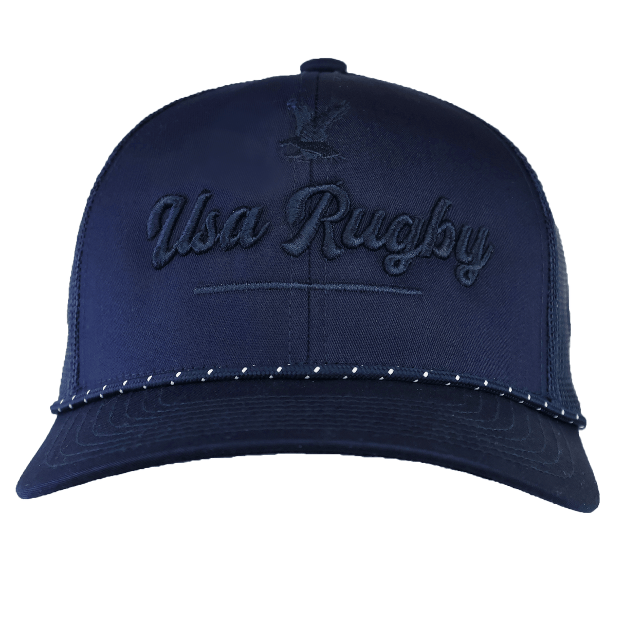 The EMB Augusta USA Rugby Tonal Elevated Eagle Braid Trucker Cap is navy blue with "USA Rugby" and an eagle logo embroidered on the front, plus a dotted pattern accenting the brim for added style.