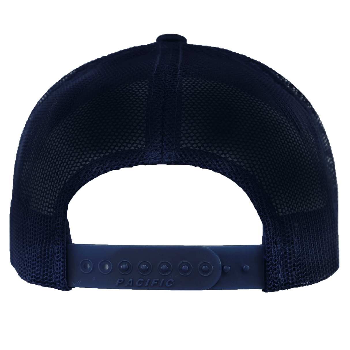 Rear view of the EMB Augusta USA Rugby Tonal Elevated Eagle Braid Trucker Cap in dark navy, featuring mesh panels and an adjustable snapback with "PACIFIC" on the strap—a classic USA Rugby-inspired style.