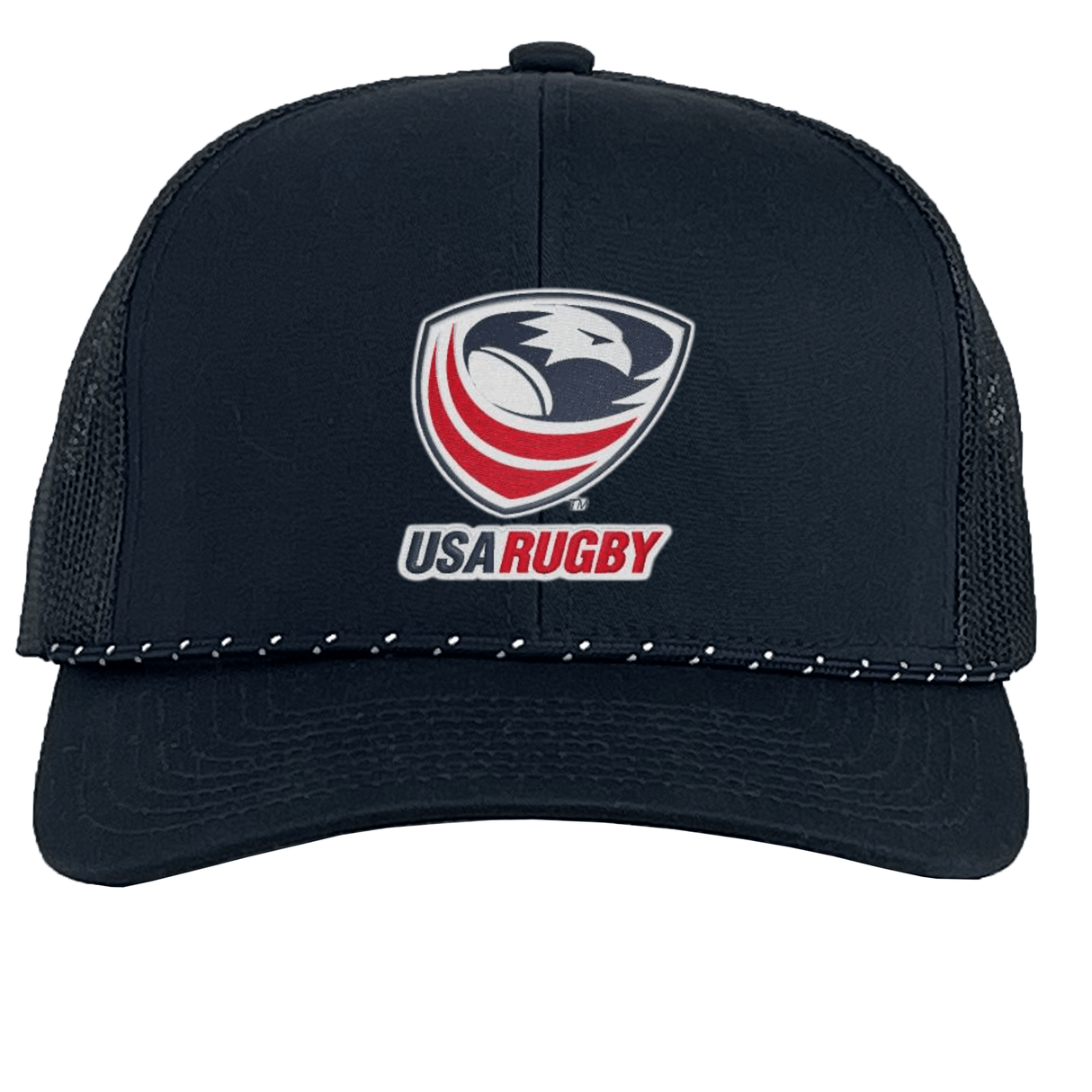 The EMB Augusta USA Rugby Trucker Snapback Braid Cap features a red, white, and blue eagle logo, a breathable mesh back, and detailed white brim stitching—ideal for rugby fans.