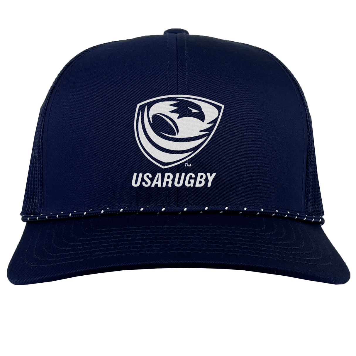 The EMB Augusta USA Rugby Navy/White Crest Braid Cap features the USA Rugby logo and "USARUGBY" text on the front, with stylish white trim on the brim.