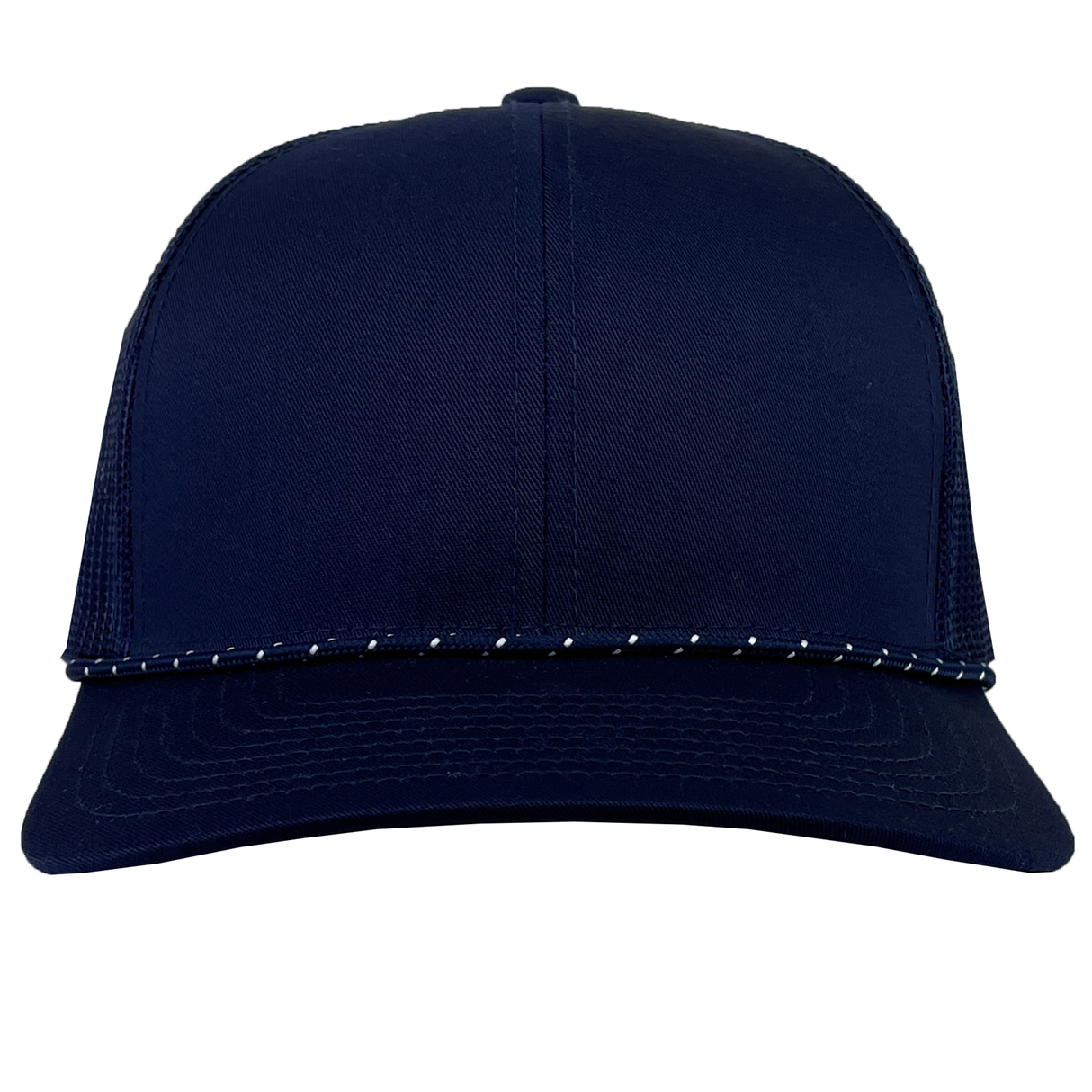The Augusta Sportswear Trucker Snapback Braid Cap features a true navy blue color, curved brim, and mesh back.