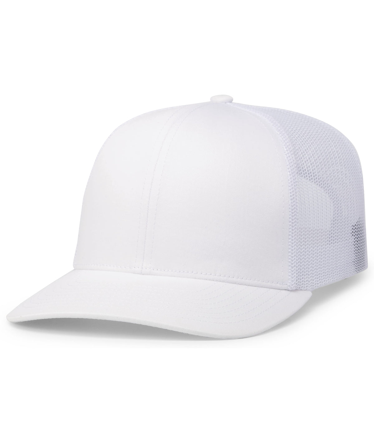 Augusta Sportswear White Trucker Snapback Cap with a solid front panel and mesh back panels on a white background.