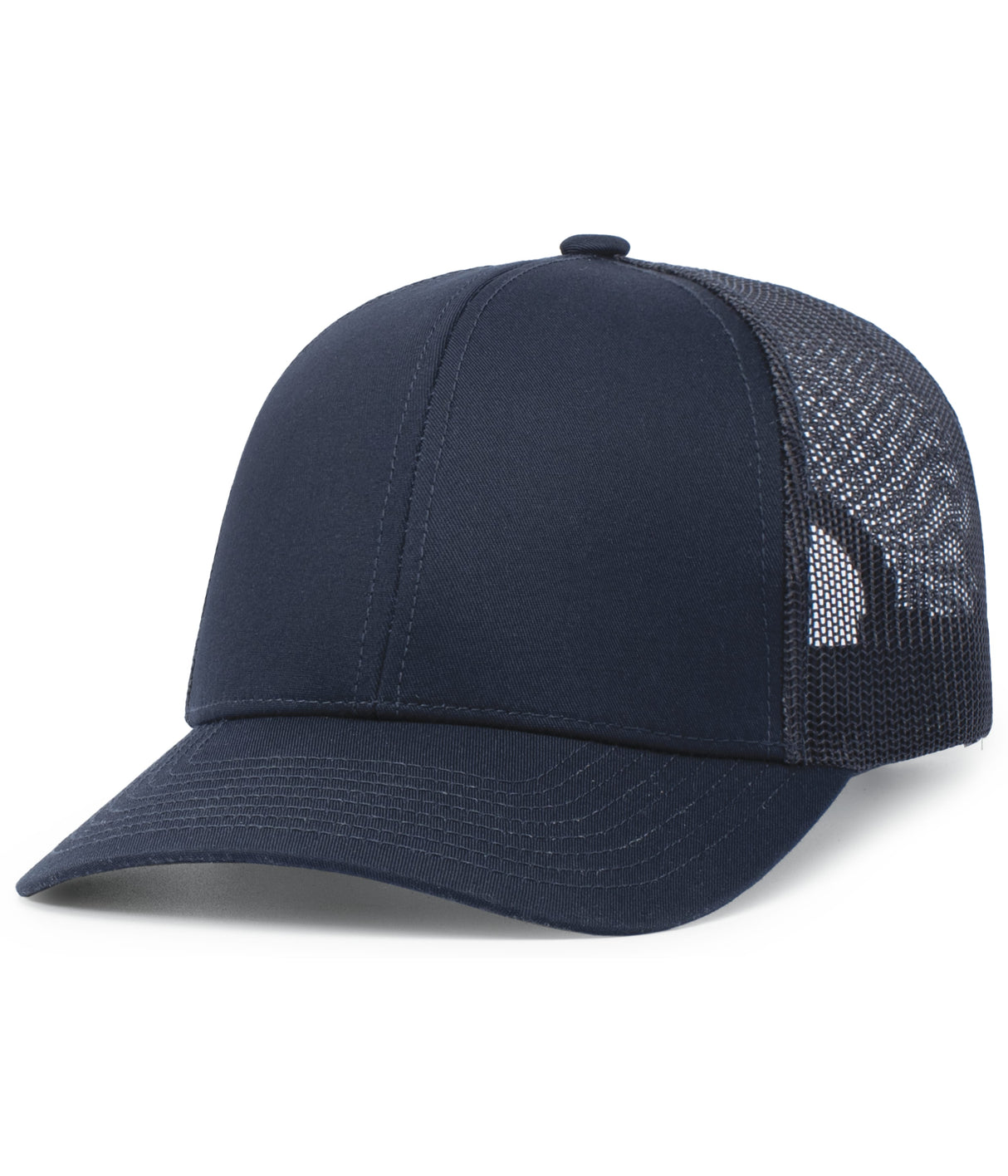 Navy blue Augusta Sportswear Trucker Snapback Cap with a solid front and trucker mesh panels, displayed on a white background.