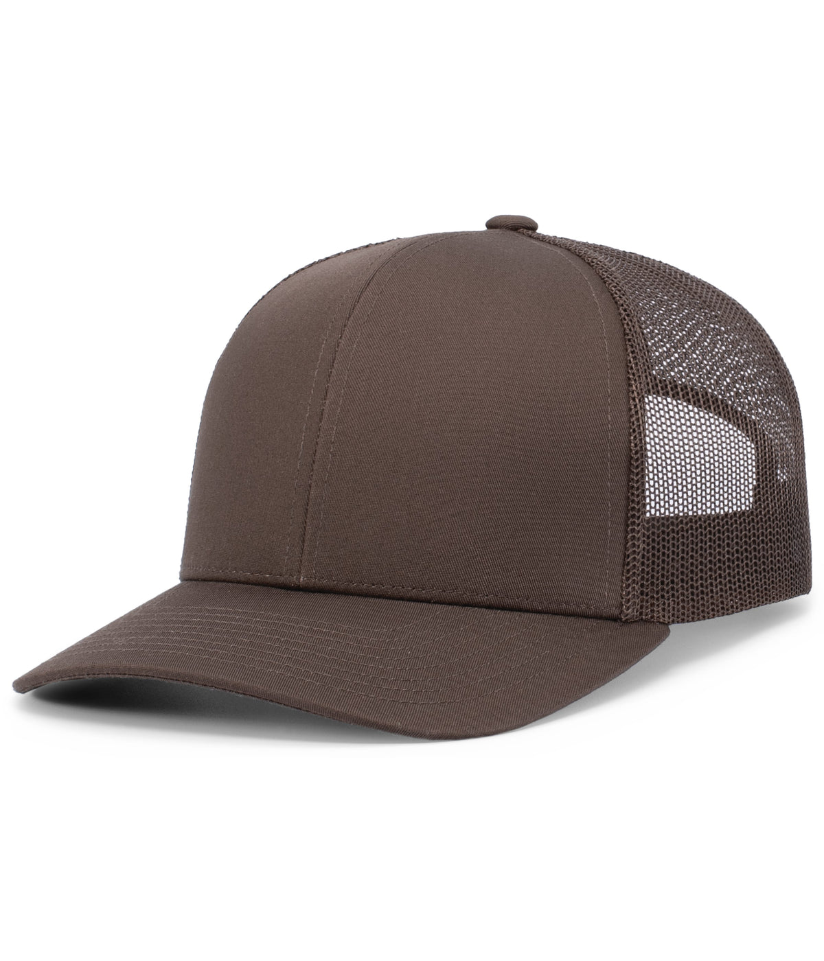 Brown Augusta Sportswear Trucker Snapback Cap with a solid front and mesh back on a white background.