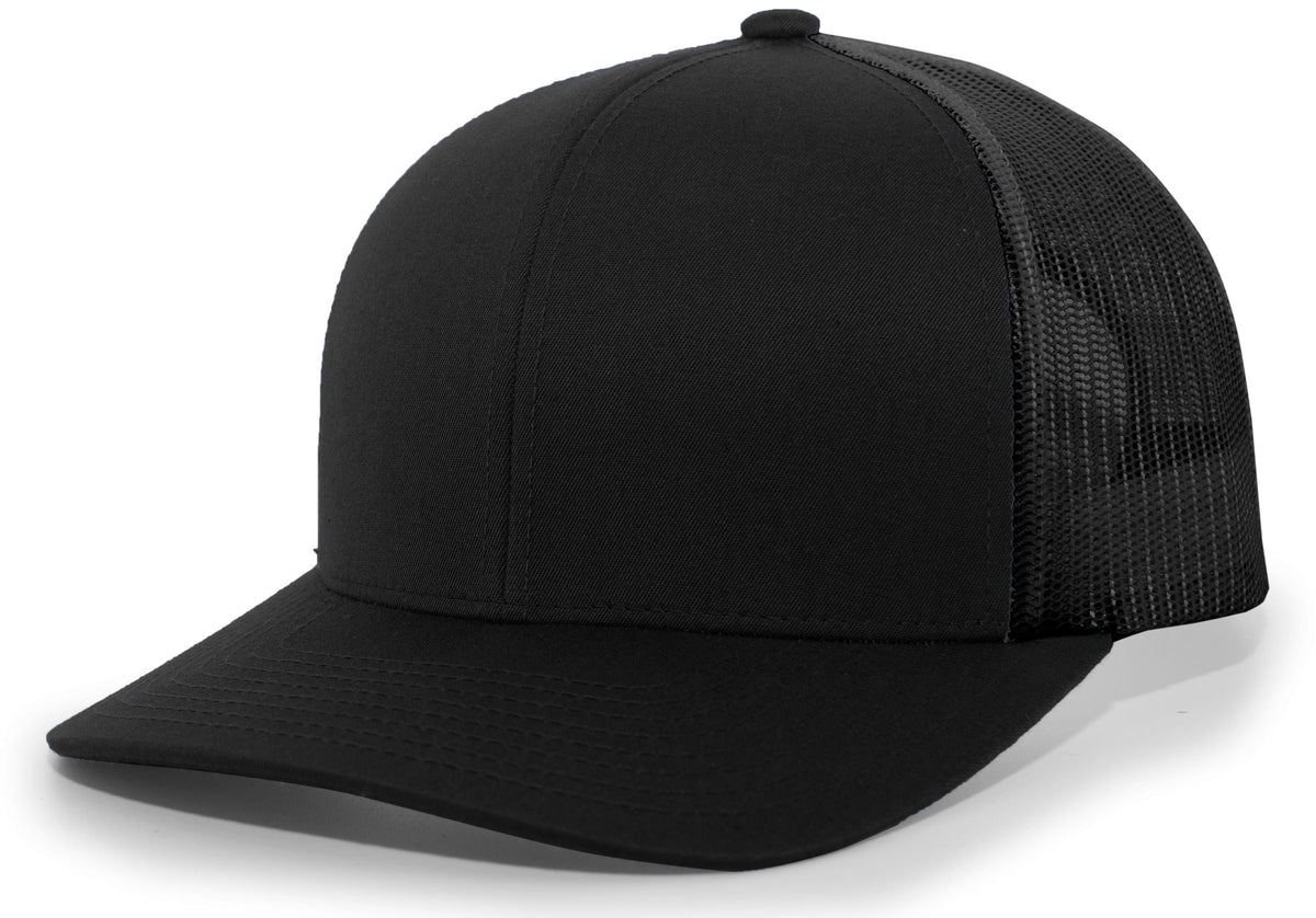 Black Augusta Sportswear Trucker Snapback Cap with a solid front and mesh back, shown on a white background.