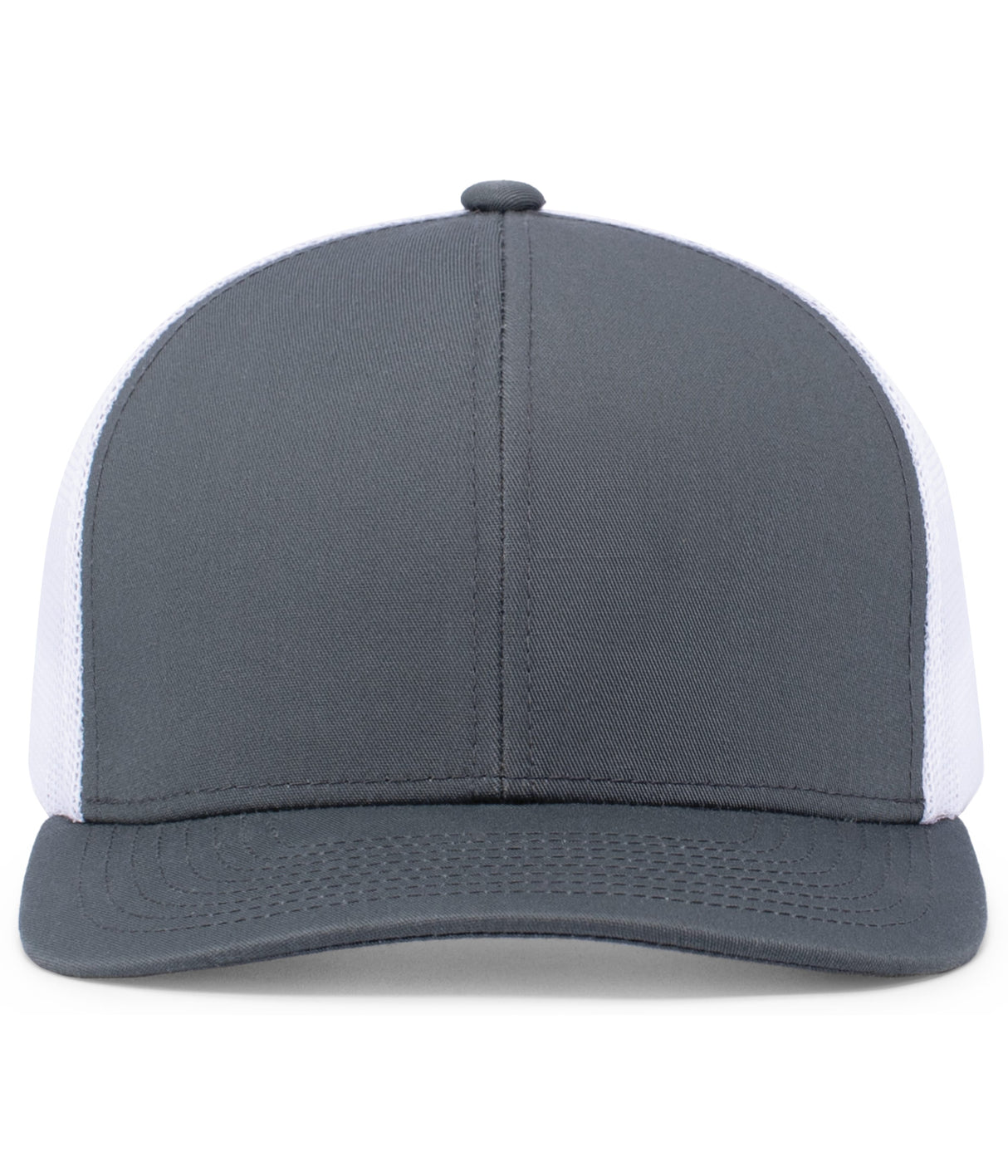 Augusta Sportswear's Trucker Snapback Cap is presented from the front against a plain background, showcasing its gray and white design with contrast stitching, a curved brim, and a mesh back.