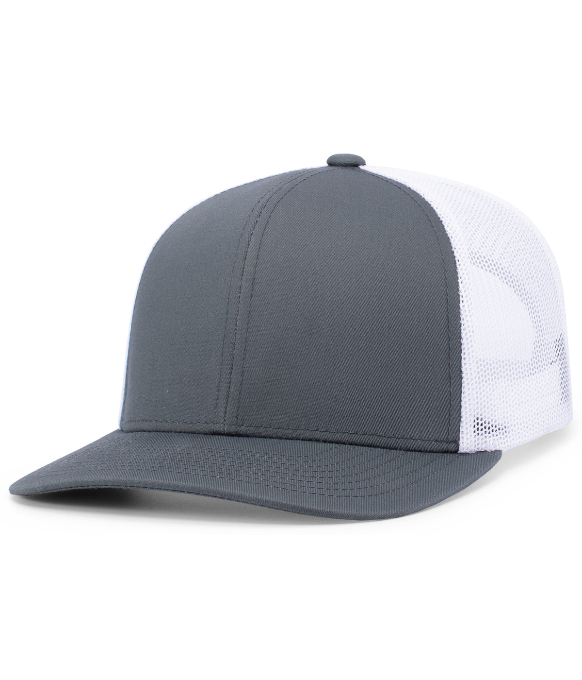 Augusta Sportswear's Trucker Snapback Cap features a gray and white mesh design with a curved brim, highlighting its mid-profile appearance from a slight angle. The pro-stitched finish enhances both durability and style.