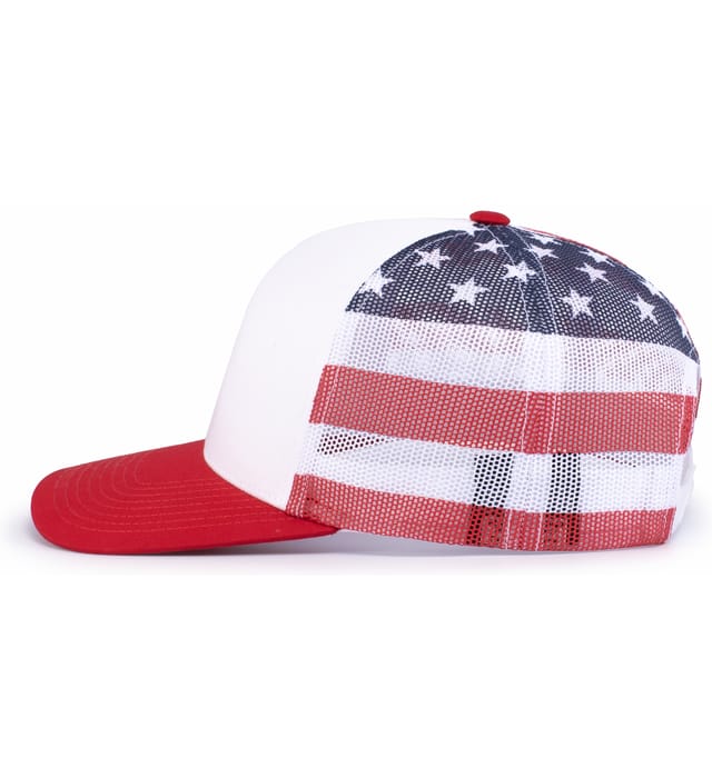 The Augusta Sportswear Printed Flag Trucker Cap features a red bill, white front panel, mesh back, and a bold American flag design with stars and stripes.