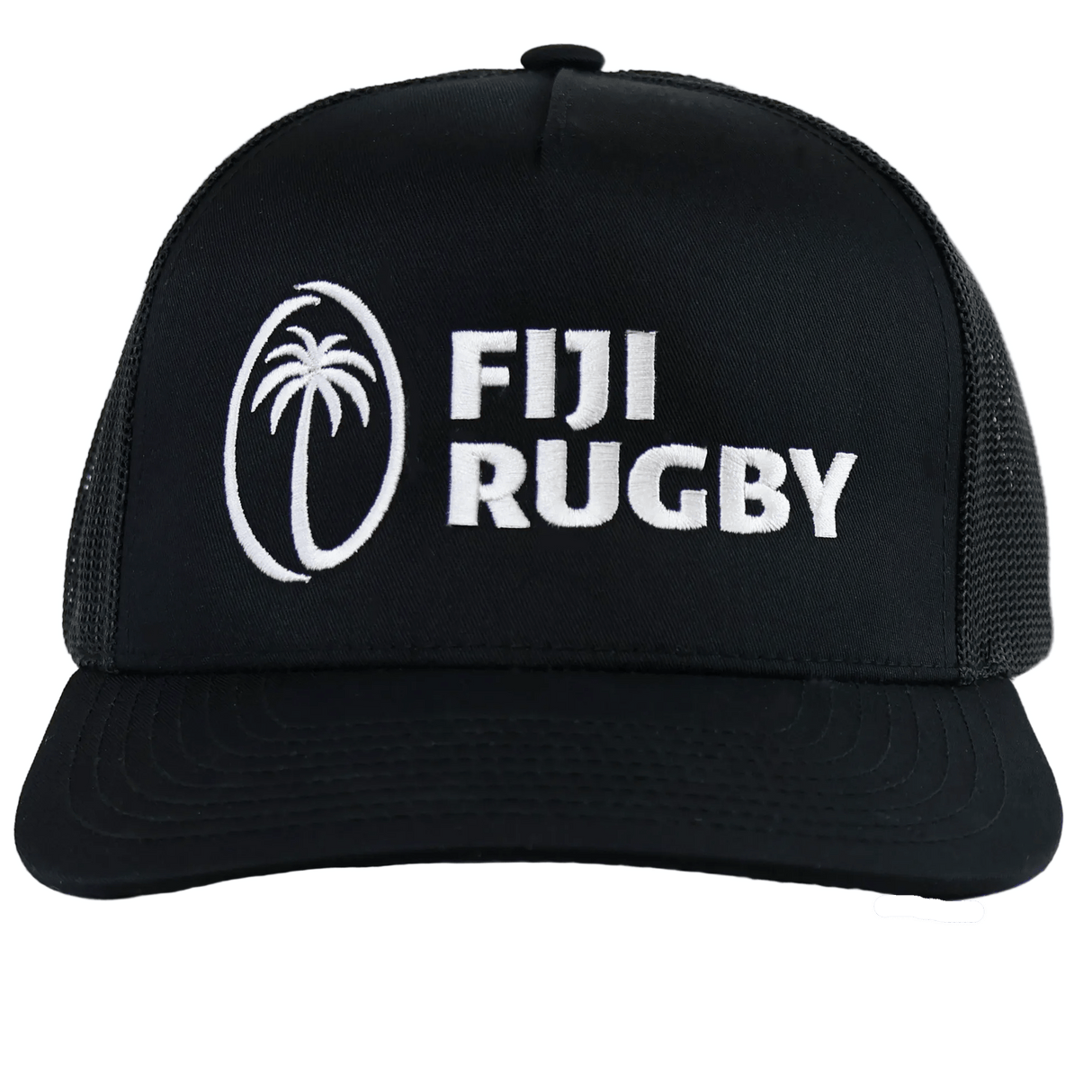 The Fiji 5-Panel Trucker Snapback - Limited Edition by Augusta Sportswear features a black design with white embroidered palm tree and "FIJI RUGBY" on the front—a must-have hat for fans and collectors.