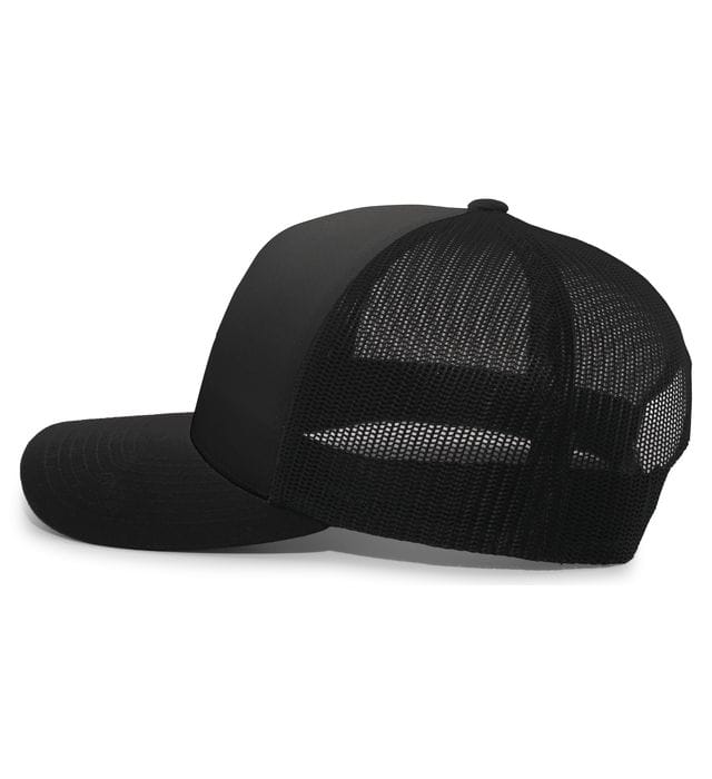 The Augusta Sportswear Fiji 5-Panel Trucker Snapback - Limited Edition features a black solid front, mesh back, and curved brim. Displayed on a white background, it's perfect for any Fiji Rugby hat collector.