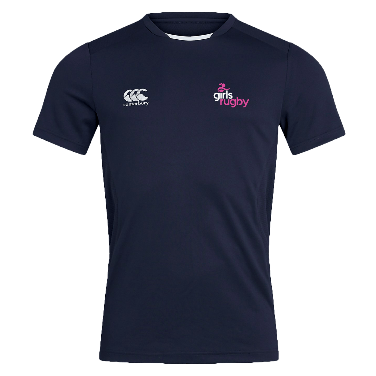 The Girls Rugby Club Dry Tee by EMB Canterbury features navy blue short sleeves, a "Canterbury" logo on the left chest, a pink and white "Girls Rugby" logo on the right chest, and Vapodri Technology for breathable active comfort.