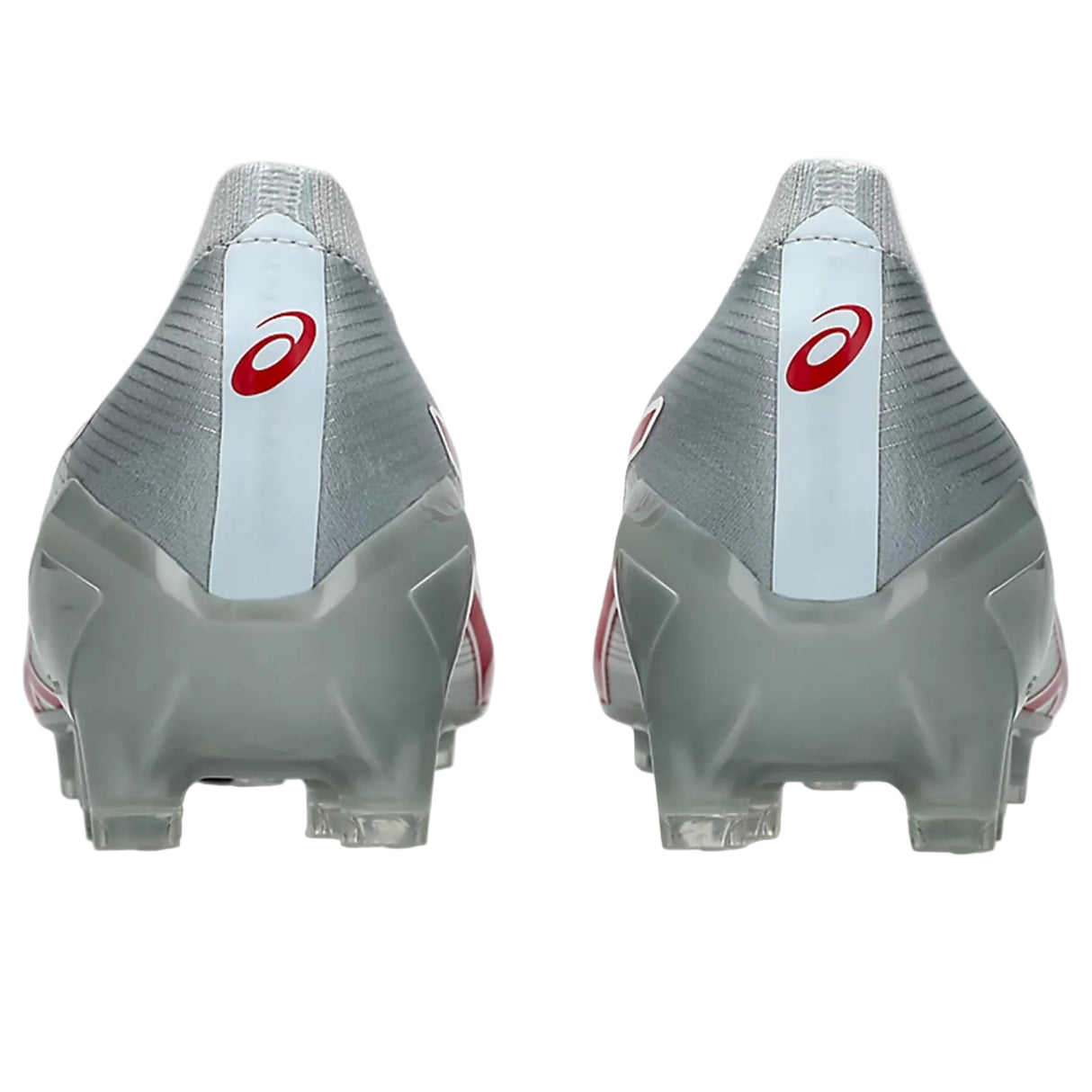 Rear view of a pair of ASICS Menace 5 FG rugby boots in White/Speed Red, featuring red ASICS logos on the heels and designed for firm ground play, set against a white background.