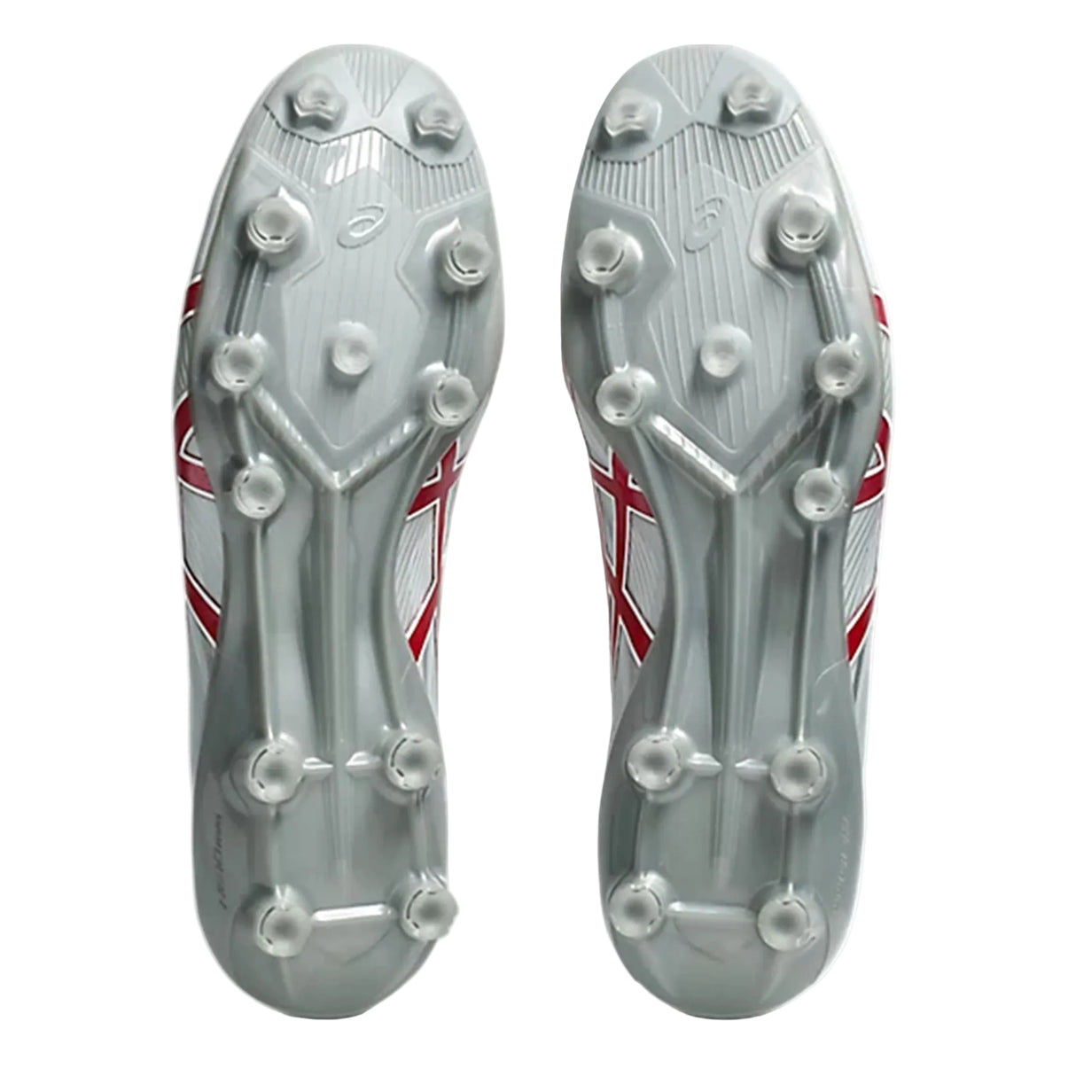 The image displays the soles of the ASICS Menace 5 FG soccer cleats in White/Speed Red, featuring multiple studs for firm ground traction and a design reminiscent of classic rugby boots.