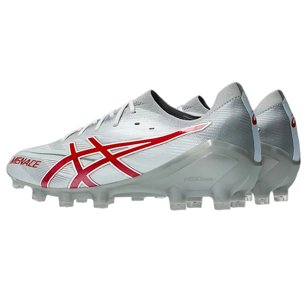 A pair of ASICS Menace 5 FG soccer cleats in White/Speed Red, featuring striking red accents and branding. Designed with molded studs for optimal firm ground traction and a secure lace-up closure, these versatile ASICS boots are ideal for both soccer and rugby players seeking top performance.