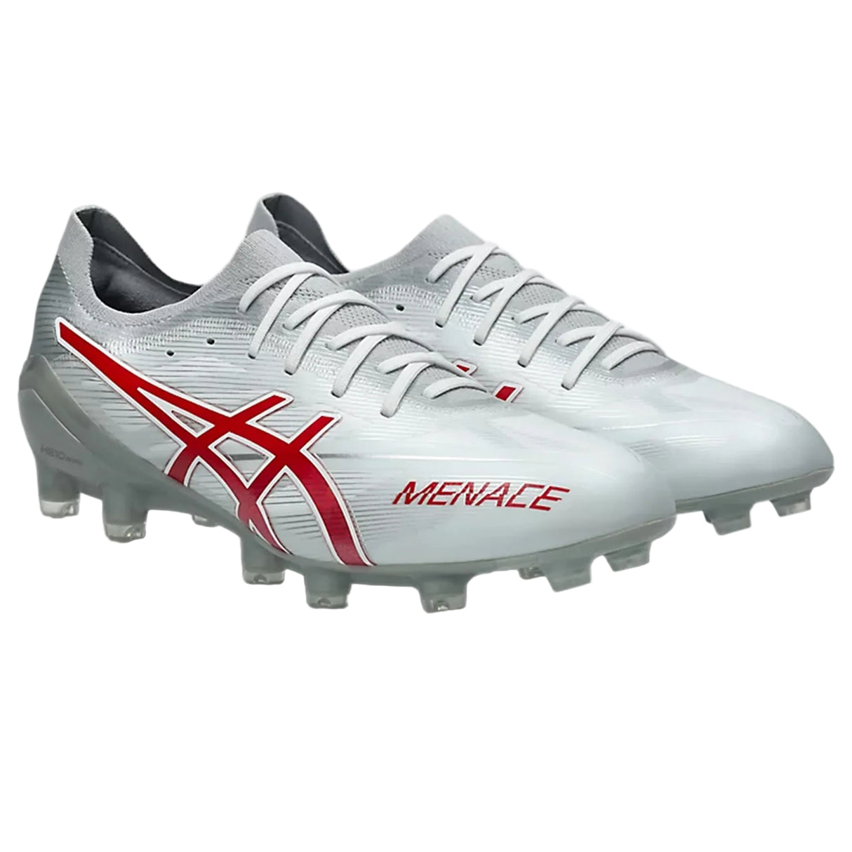 A pair of ASICS Menace 5 FG soccer cleats in White/Speed Red, featuring red accents, laces, molded studs designed for firm ground, and ASICS branding on the sides, displayed against a white background.