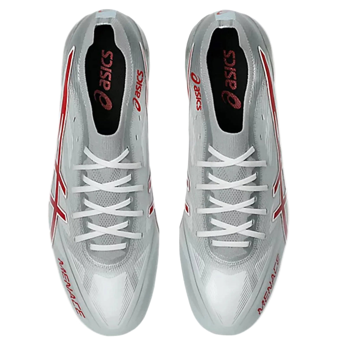 Top view of a pair of ASICS Menace 5 FG - White/Speed Red rugby boots featuring white laces, red accents, and the word "MENACE" on the toe area of each shoe; designed by ASICS for firm ground play.
