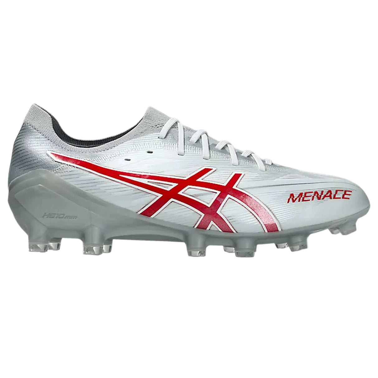 A white and speed red ASICS Menace 5 FG soccer cleat with laces, featuring the ASICS logo and "MENACE" on the side, designed for firm ground play and inspired by rugby boots.
