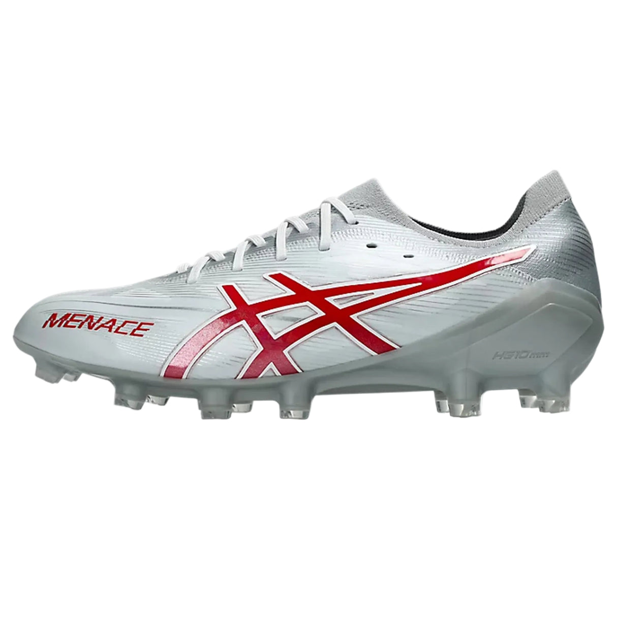 The ASICS Menace 5 FG - White/Speed Red soccer cleat is pictured on a white background, featuring bold speed red detailing and a prominent ASICS logo along with the word "Menace" on the side. Designed for firm ground play, these boots blend modern performance with style inspired by classic rugby footwear.