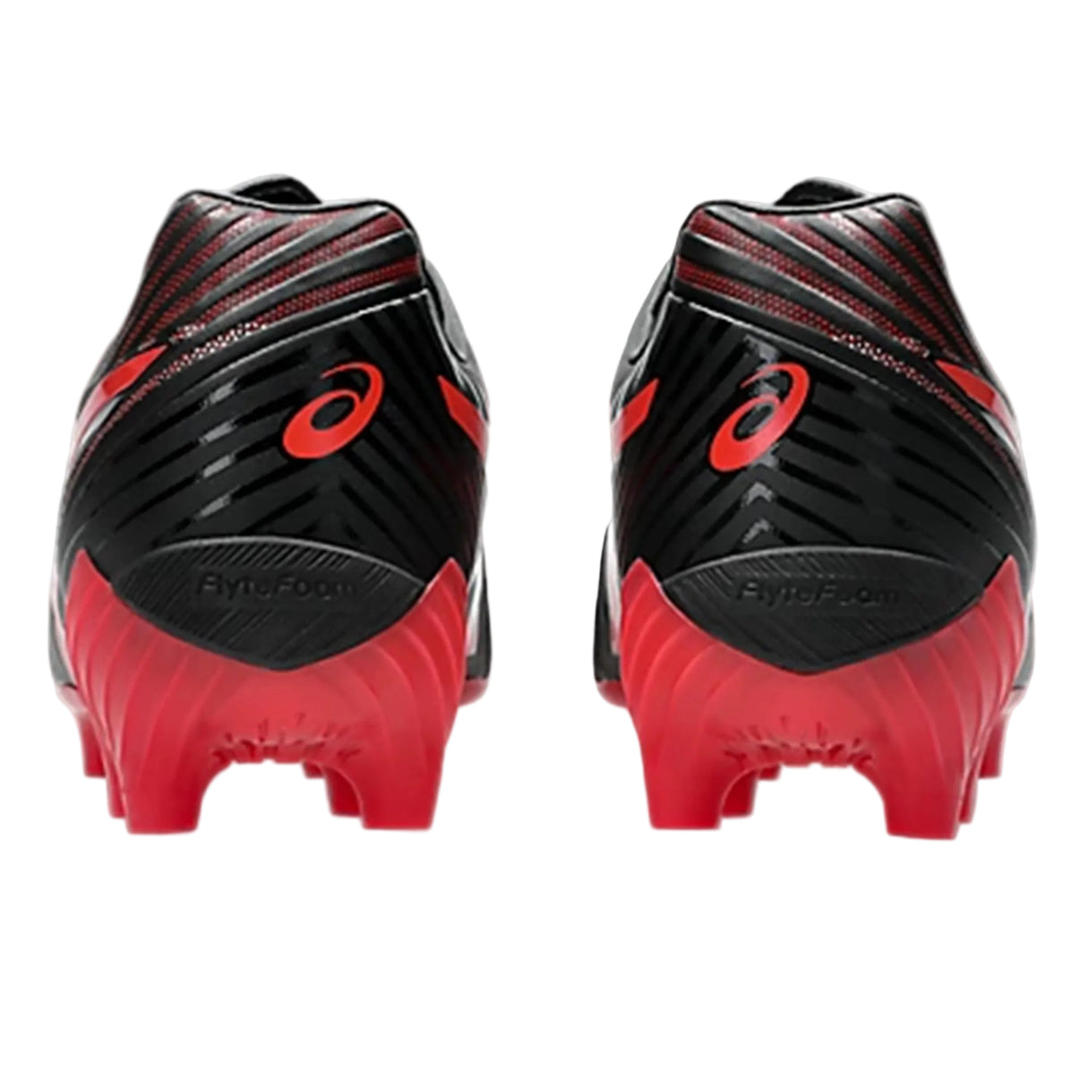 Rear view of a pair of ASICS Lethal Flash IT FF 3 FG rugby boots in Black/Speed Red, featuring a textured heel and the ASICS logo in red on the back of each shoe.