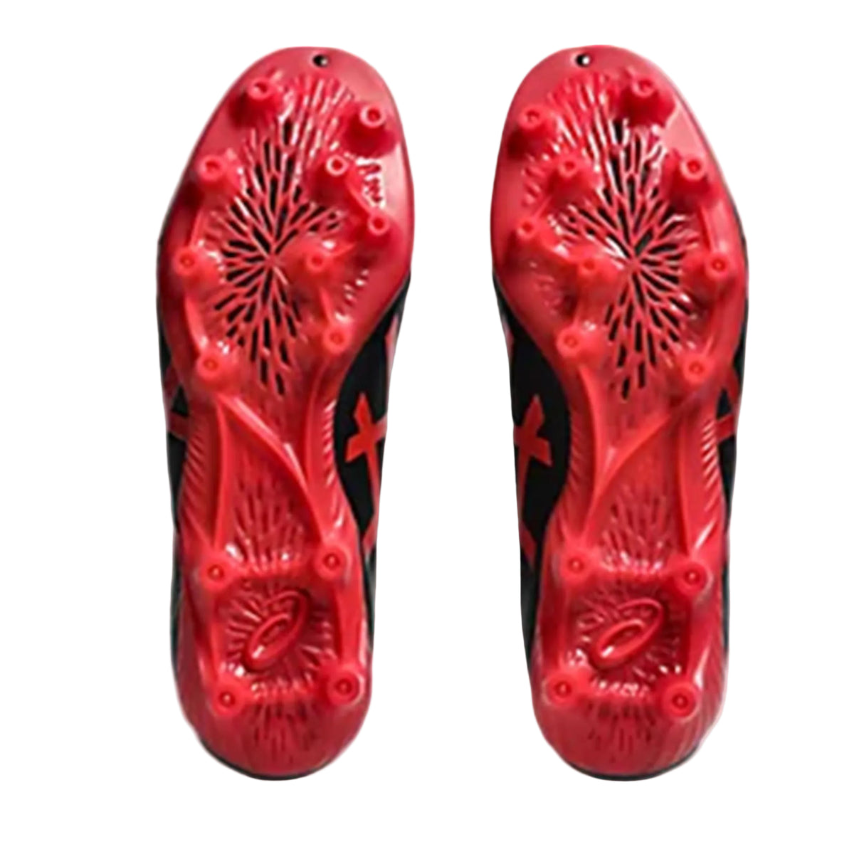 The ASICS Lethal Flash IT FF 3 FG firm ground boots in Black/Speed Red are shown from the bottom, highlighting their multiple studs and textured sole design against a white background.