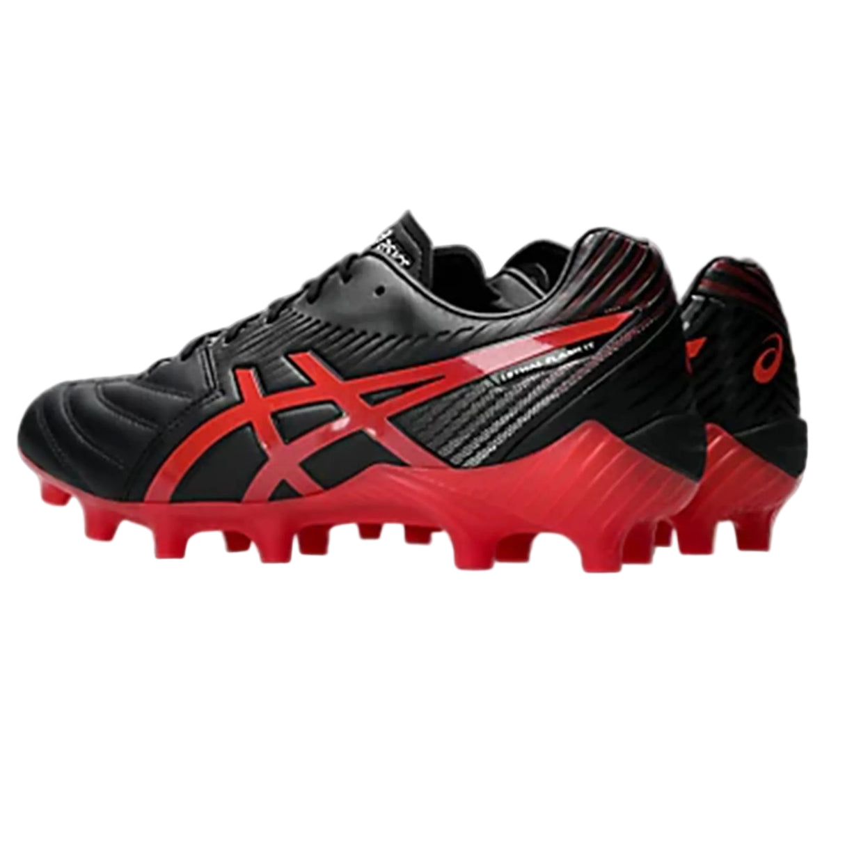 A pair of ASICS Lethal Flash IT FF 3 FG firm ground boots in black and speed red with red studs, shown from rear and side angles on a white background.