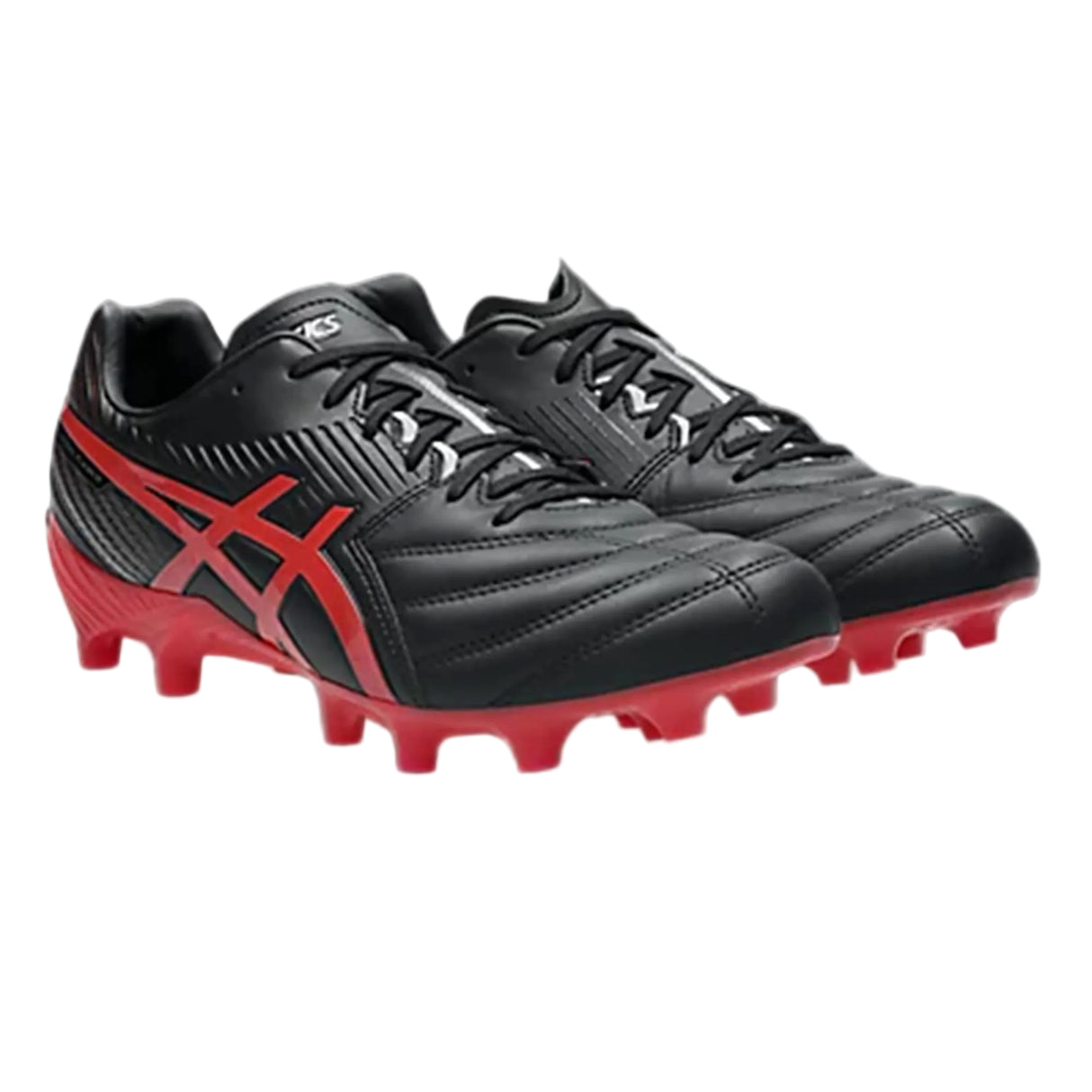 The ASICS Lethal Flash IT FF 3 FG firm ground boots by ASICS feature a black upper with speed red soles and red accents, including a stylized stripe design on the sides, shown on a white background.