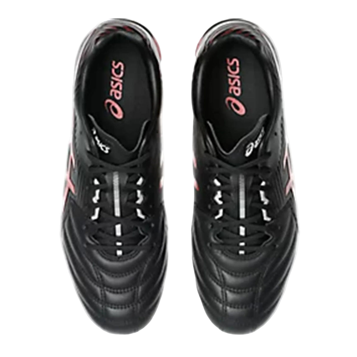 A pair of ASICS Lethal Flash IT FF 3 FG rugby shoes in black with Speed Red and white accents, viewed from above on a white background.