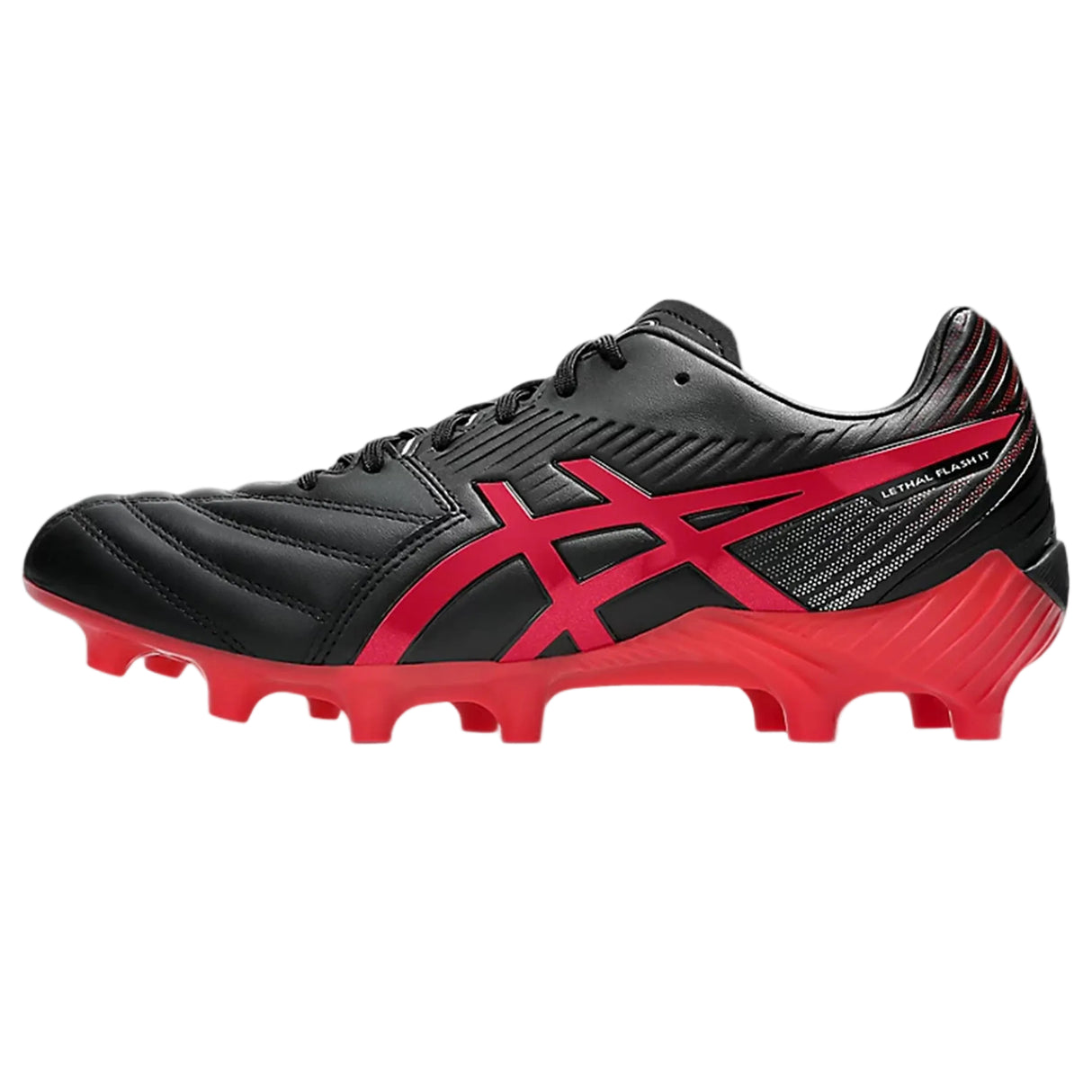 The ASICS Lethal Flash IT FF 3 FG in Black/Speed Red combines a striking black and red colorway with a red sole, black laces, the signature ASICS logo, and a textured upper—perfect for players seeking stylish and high-performance firm ground boots.