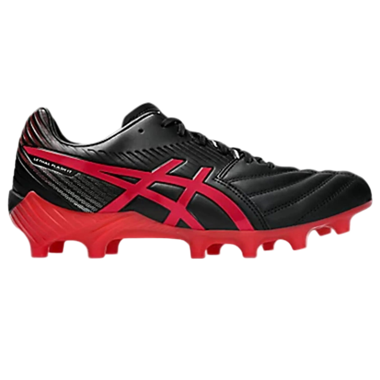 The ASICS Lethal Flash IT FF 3 FG in Black/Speed Red features a textured sole and iconic ASICS branding. Designed for firm ground surfaces, these boots combine the agile performance of lightweight rugby shoes with excellent comfort and traction.