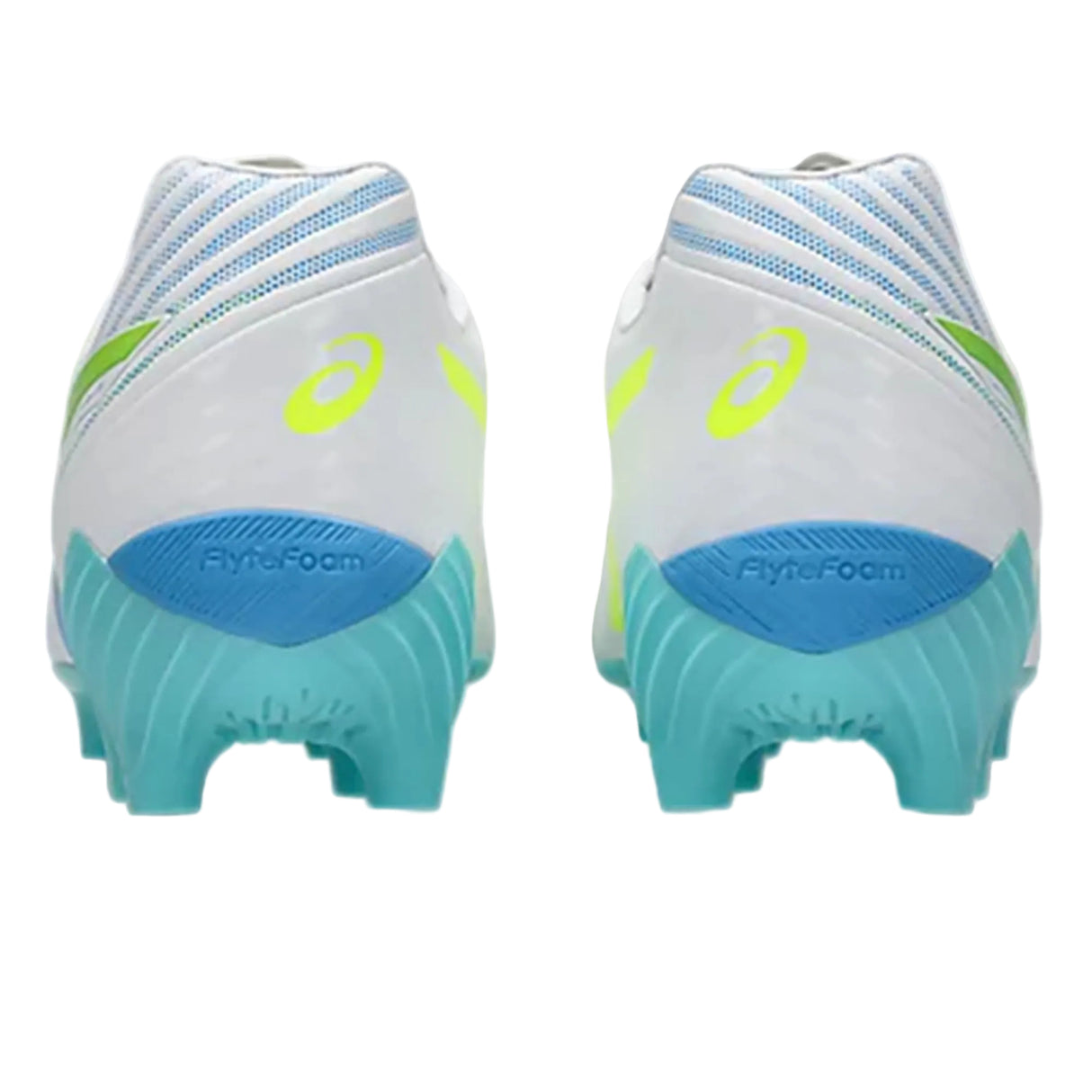 Rear view of two white ASICS Lethal Flash IT FF 3 FG athletic shoes (White/Waterscape), featuring blue soles, green accents, and "FlyteFoam" text—set against a plain white background and designed for lightweight performance inspired by top rugby boots.