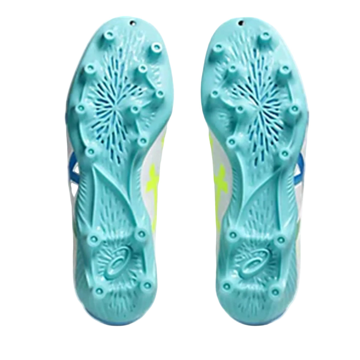 The image displays the turquoise outsoles of the ASICS Lethal Flash IT FF 3 FG soccer cleats in White/Waterscape, featuring molded studs and the ASICS logo, viewed from the bottom—a design that emphasizes lightweight performance inspired by premium rugby boots.