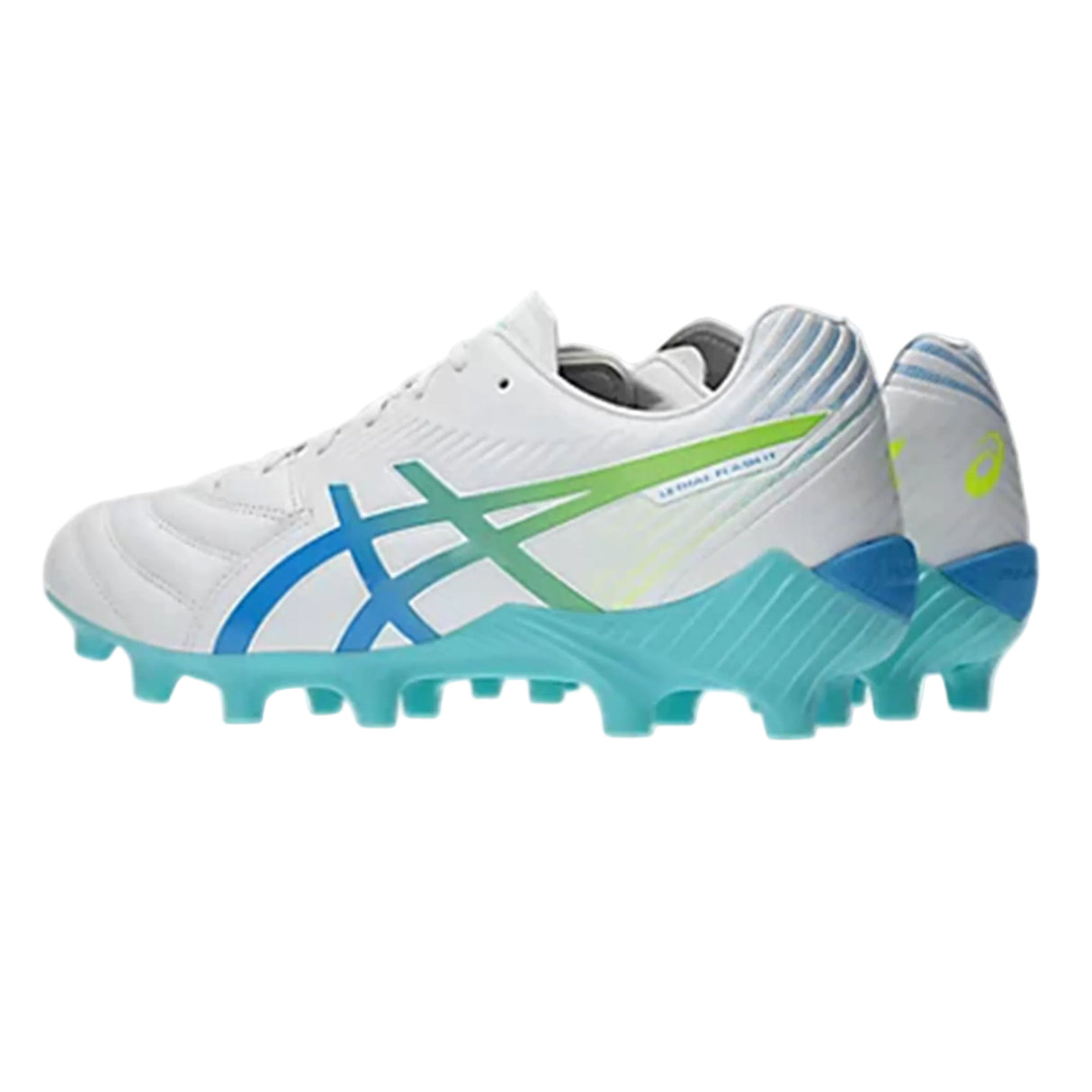 A pair of ASICS Lethal Flash IT FF 3 FG soccer cleats in White/Waterscape, with blue and green accents and blue outsoles and studs for lightweight performance, displayed on a white background—also perfect for rugby players.