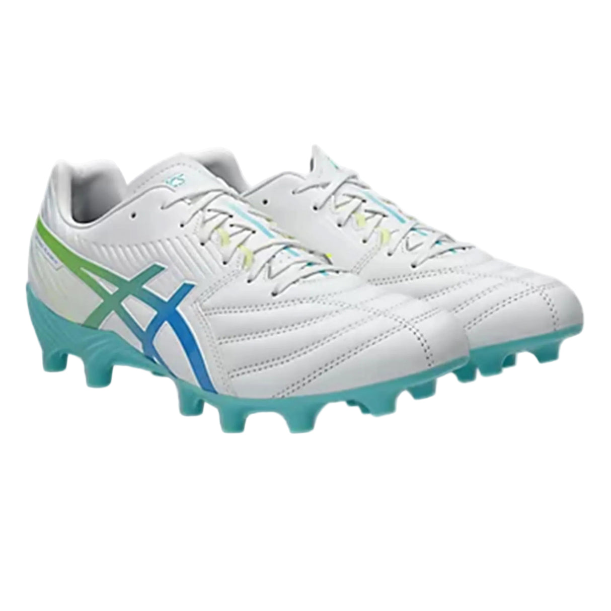 A pair of ASICS Lethal Flash IT FF 3 FG rugby boots in white with blue and aqua Waterscape detailing and studs, designed for lightweight performance, displayed on a plain white background.