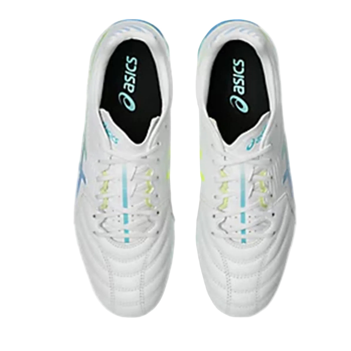 Top-down view of a pair of white ASICS Lethal Flash IT FF 3 FG athletic shoes in White/Waterscape, featuring light blue and yellow accents, displayed on a white background and designed for lightweight performance.