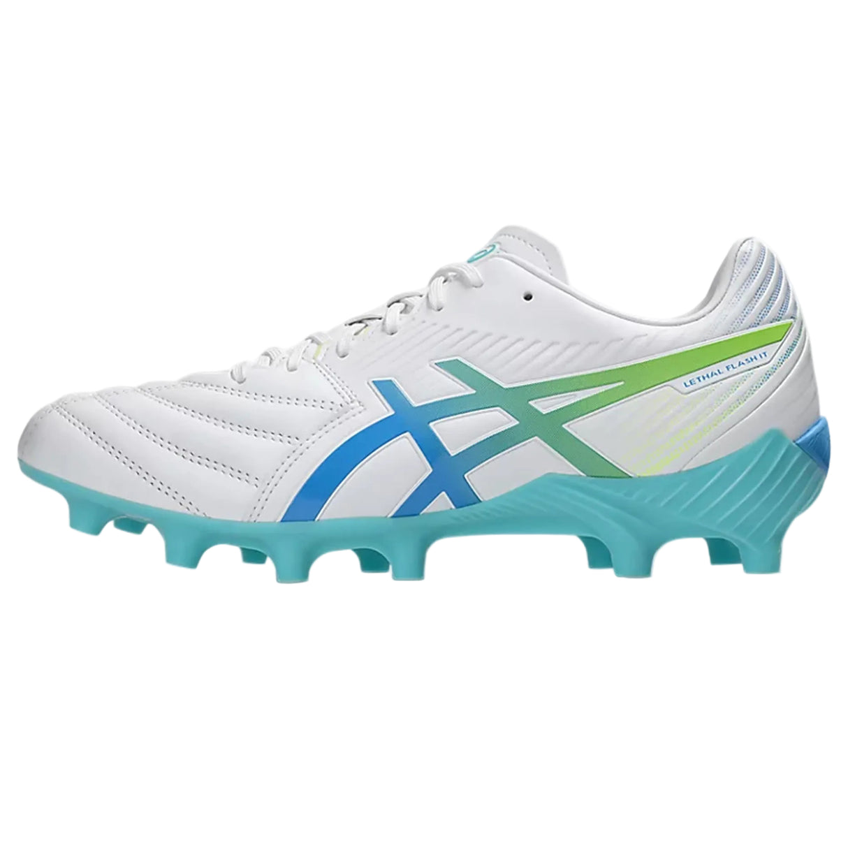 These ASICS Lethal Flash IT FF 3 FG rugby boots in White/Waterscape feature blue and green accents, a turquoise sole, and molded studs for firm ground play—delivering lightweight performance ideal for athletes seeking speed and agility.