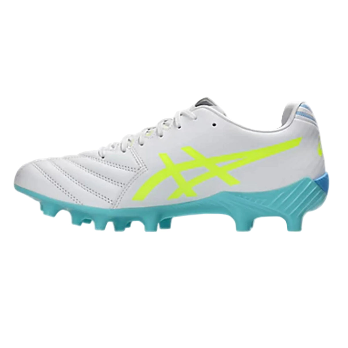 The ASICS Lethal Flash IT FF 3 FG in White/Waterscape features a sleek white upper with a light blue sole and neon yellow accents, including a stylized ASICS logo on the side. Shown on a white background, this design is inspired by the LETHAL FLASH IT FF 3 rugby boots, offering lightweight performance for agile gameplay.