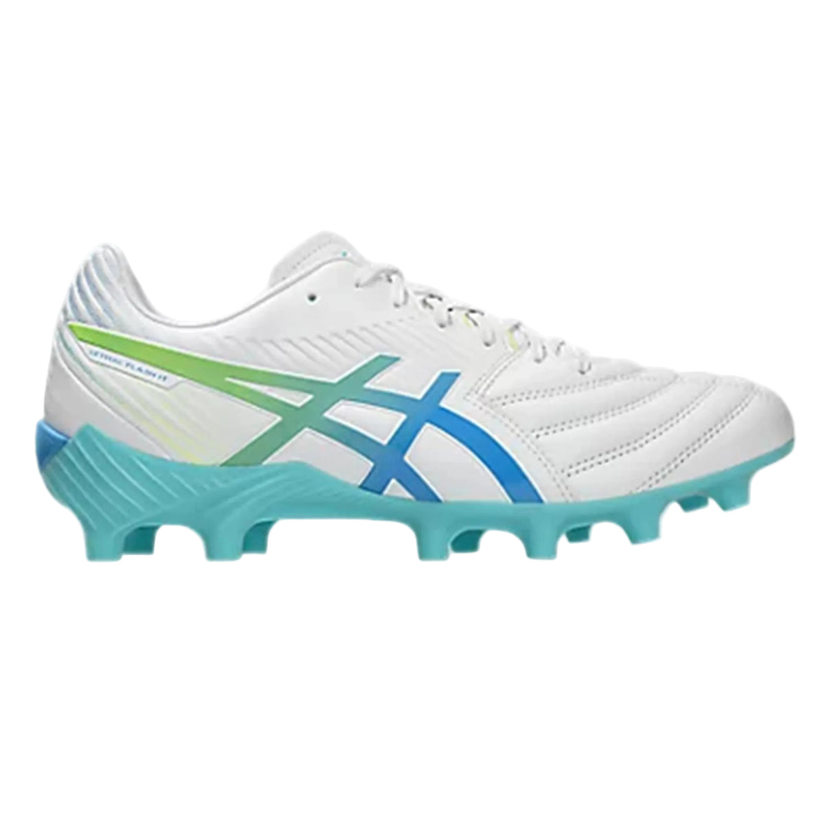 The ASICS Lethal Flash IT FF 3 FG in White/Waterscape features a white upper with a light blue sole, blue and green accents, and the signature ASICS logo on the side. Designed for lightweight performance, this versatile model is suitable for both soccer and rugby.