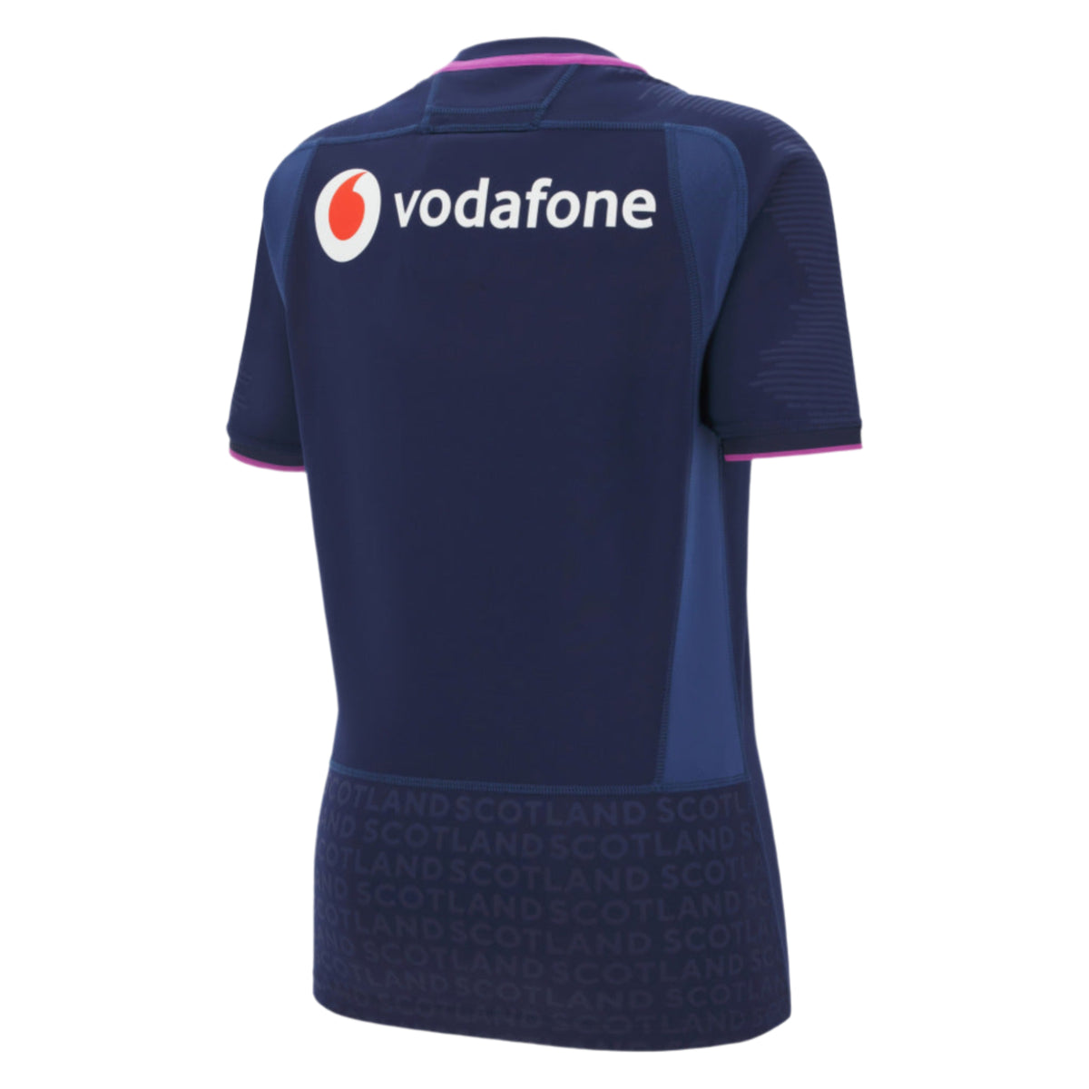 The Women's Scotland 25/26 Replica Home Jersey by Macron features a navy blue design with "vodafone" and its logo across the upper back, plus "SCOTLAND" repeated around the lower hem, inspired by the official Scotland Rugby Women's Jersey.