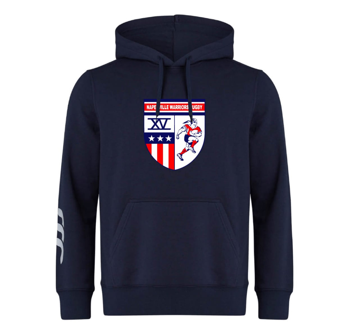 The Naperville Warriors State Finalist Club Hoodie by WRS Canterbury features a rugby-themed crest on the chest, white left sleeve stripes, and a front pocket. Made to order for a personalized touch.