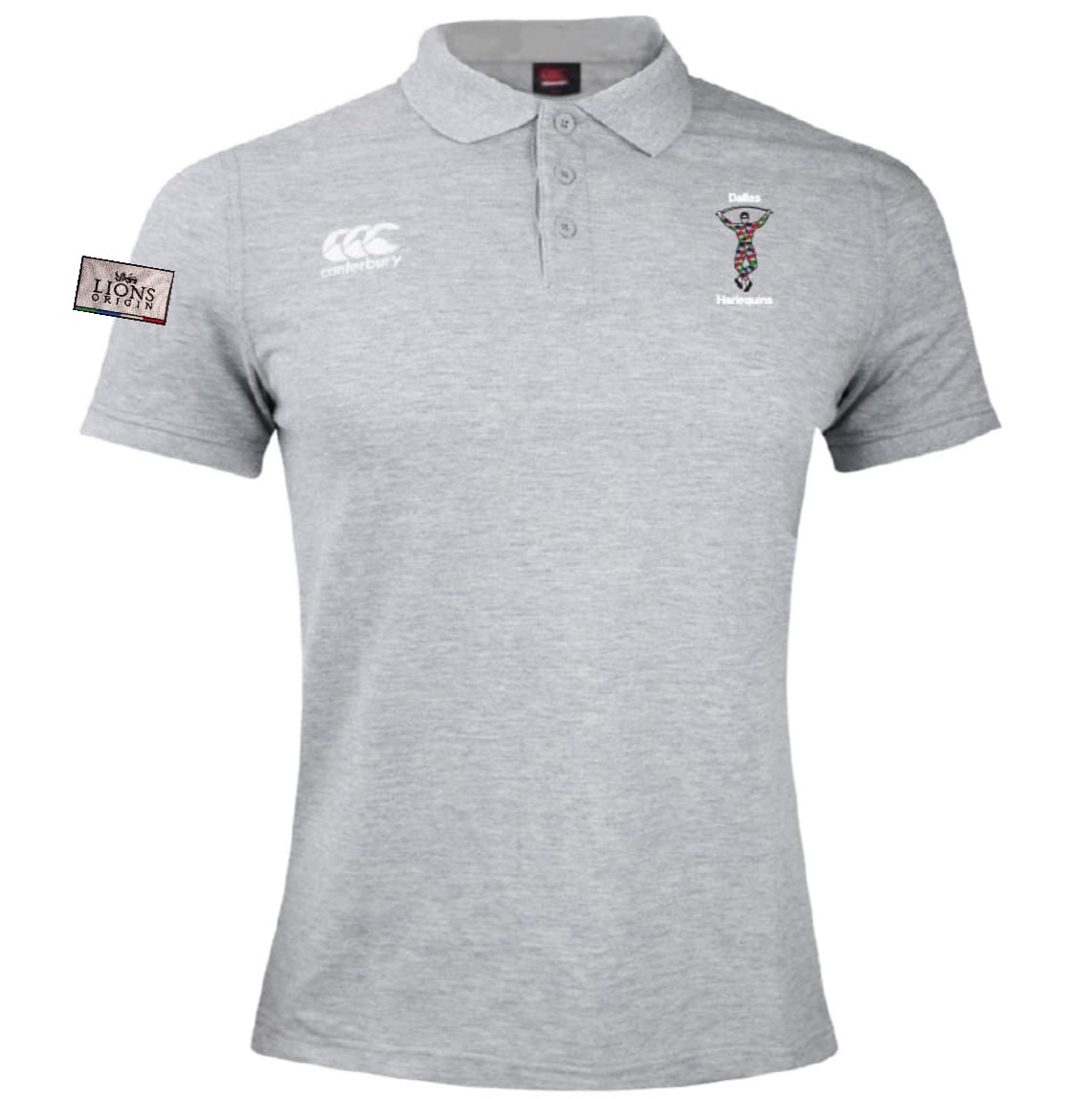 The Dallas Harlequins Lions Origin Waimak Polo by EMB Canterbury is a light grey short-sleeve polo with chest embroidery, a "LIONS" patch on the left sleeve, and made from a comfy cotton-polyester blend.