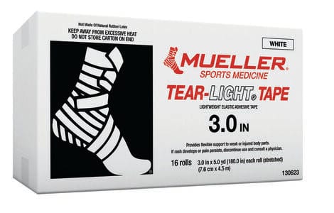 A box of Lineout Tape: Mueller EAB Tear-Light Tape Case - 16 rolls in white, 3.0 inches wide by 6 yards long, designed for Rugby joint protection. The box contains 16 rolls of elasticated adhesive bandage to provide flexible support to injured body parts.