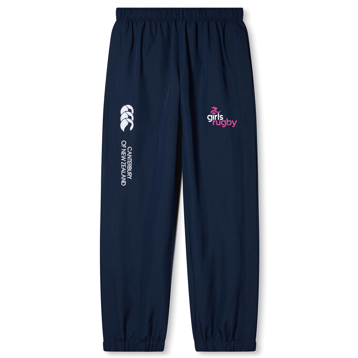 The Girls Rugby Cuffed Hem Stadium Pant by EMB Canterbury features an elastic waistband, cuffed hem, and white/pink logos—ideal for stadium wear or training.