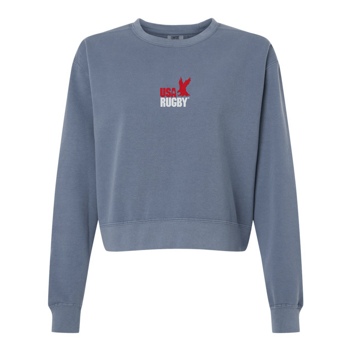 The EMB S&S Activewear Women’s USA Rugby Throwback Mid-Length Crewneck Sweatshirt features “USA RUGBY” text and a red eagle graphic on cozy blue fleece.