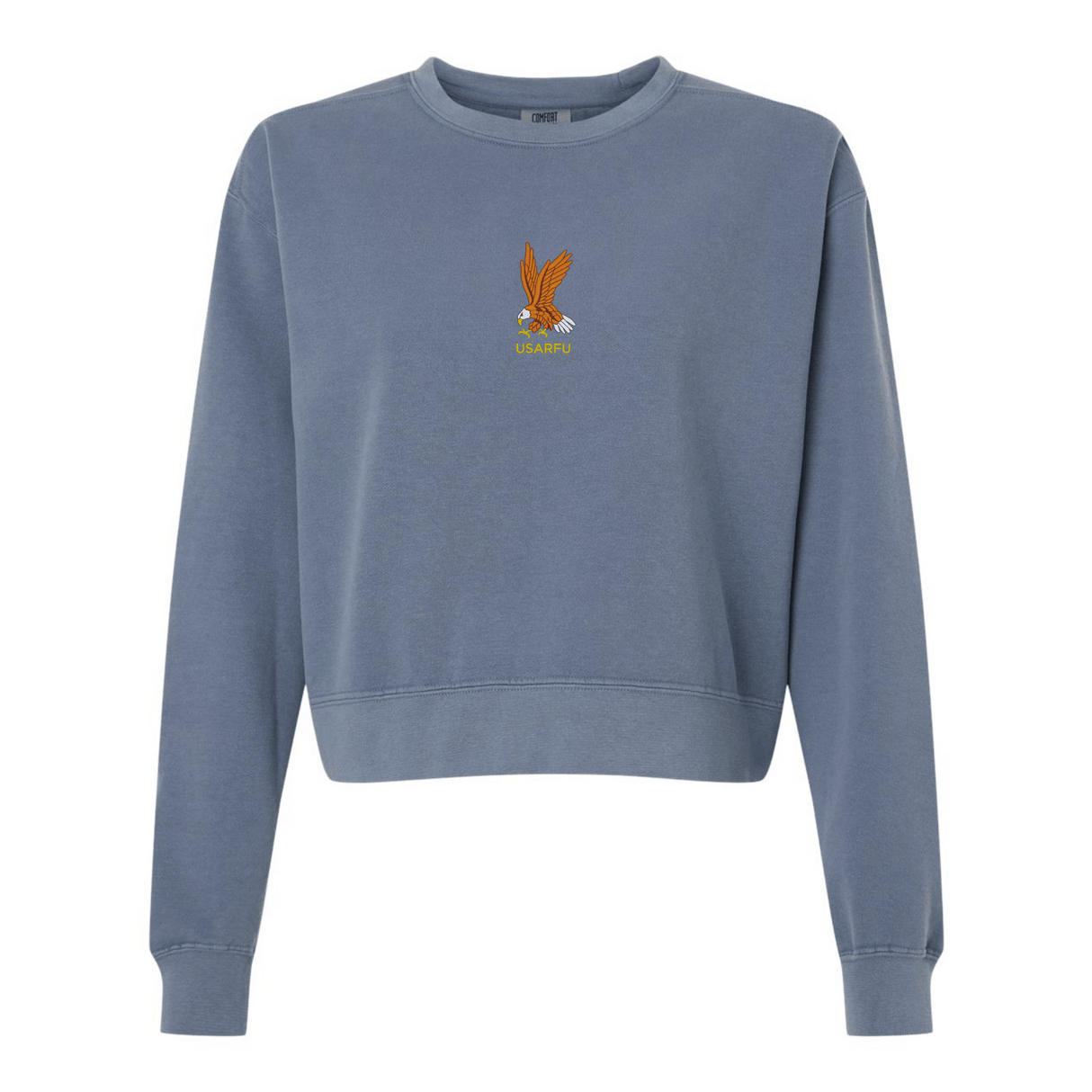 The EMB S&S Activewear Women's USA Rugby Heritage Mid-Length Crewneck Sweatshirt is a blue fleece featuring a small embroidered eagle and "USAFRU" text on the chest, inspired by classic rugby sweatshirt style.
