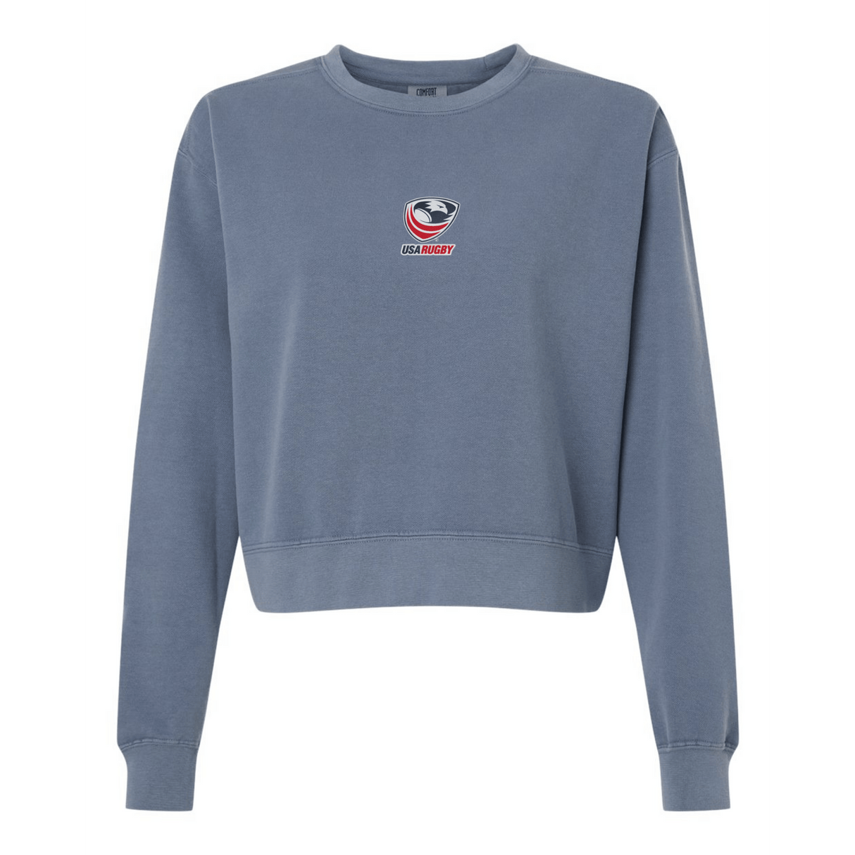 The EMB S&S Activewear Women's USA Rugby Mid-Length Crewneck Sweatshirt is a blue heavyweight fleece, featuring the USA Rugby logo and text centered on the chest for ultimate comfort.