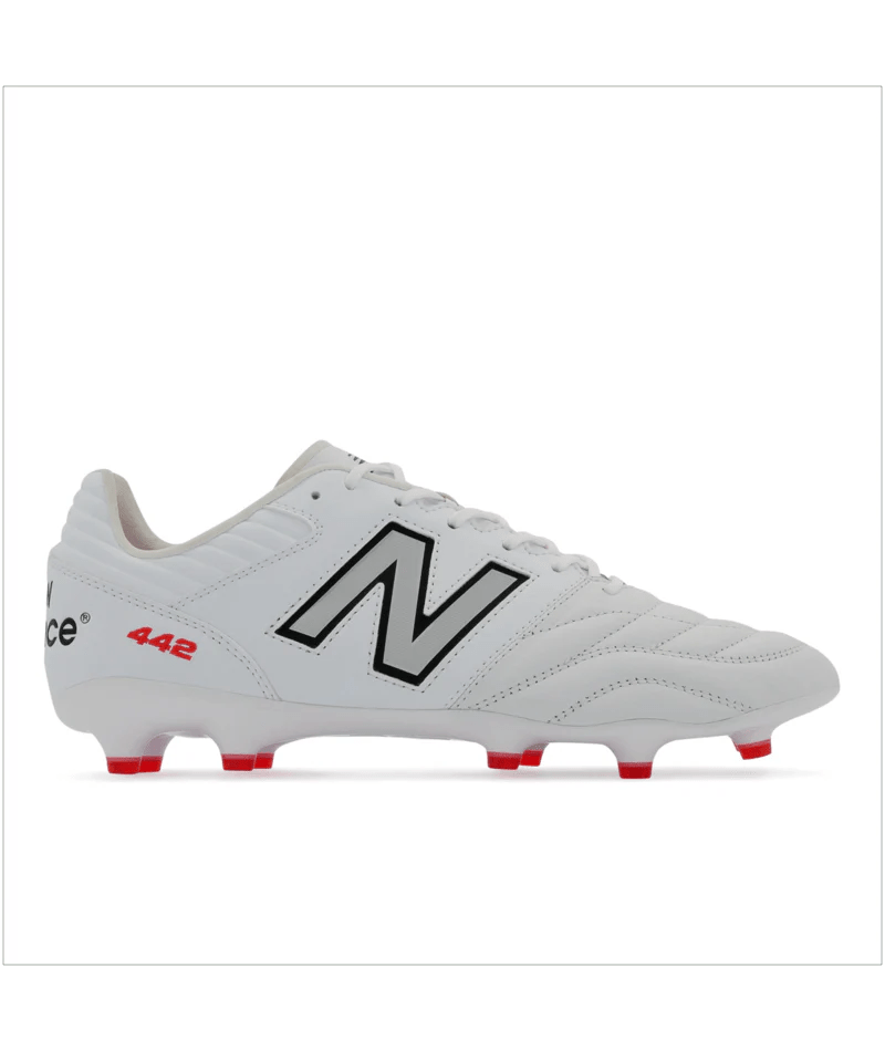 A premium leather New Balance 442 V2 Pro Synthetic FG Boot - White/Silver soccer cleat designed for firm ground.