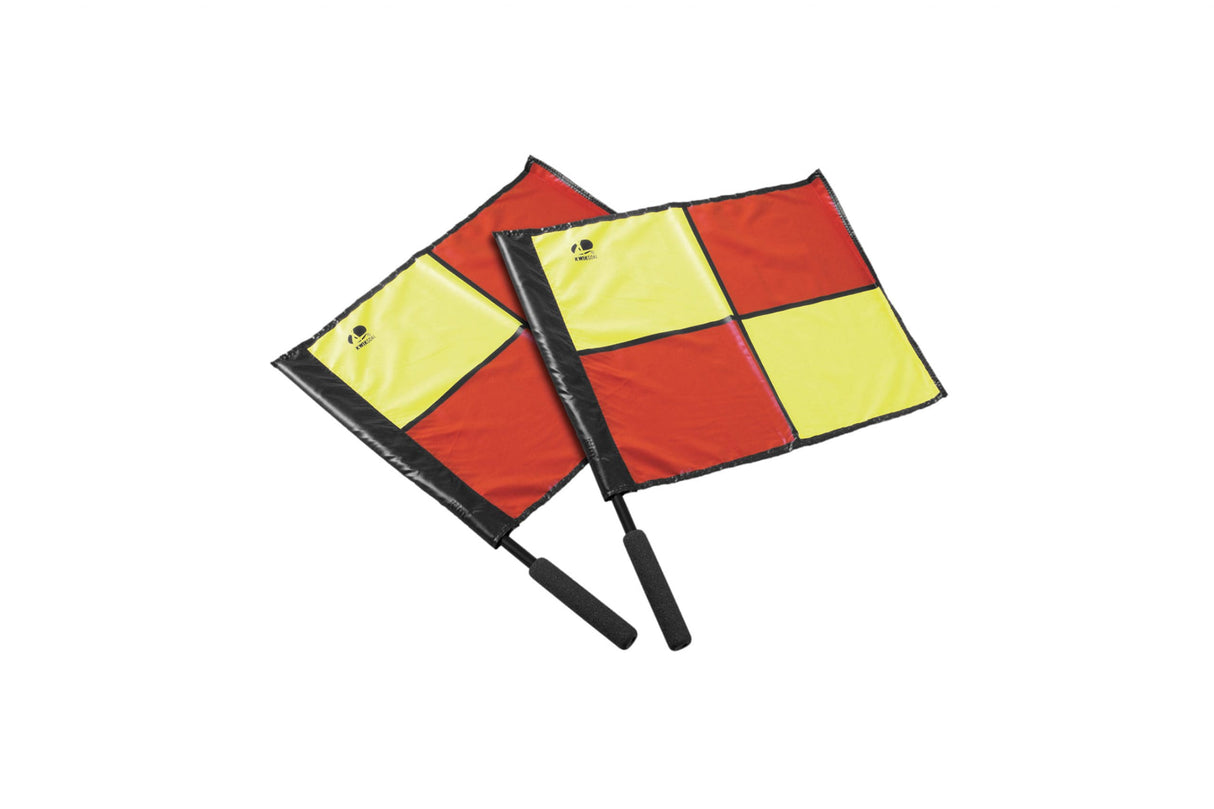 The Kwik Goal Premier Linesman Flags - Drop Ship (Copy) feature square flags divided diagonally into red and yellow quarters with black handles, ideal for rugby referees when officiating or signaling.